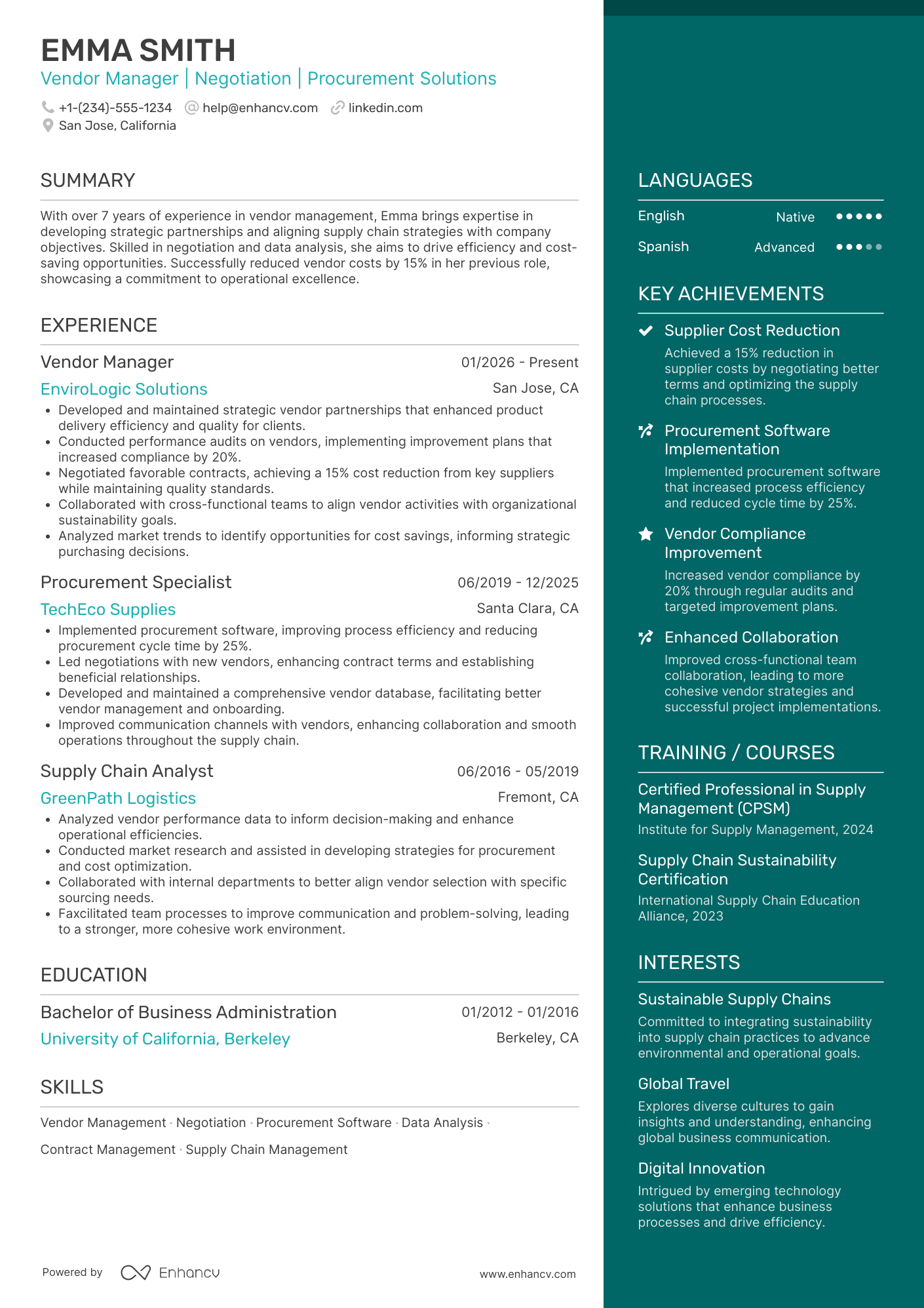 Vendor Manager Resume Example