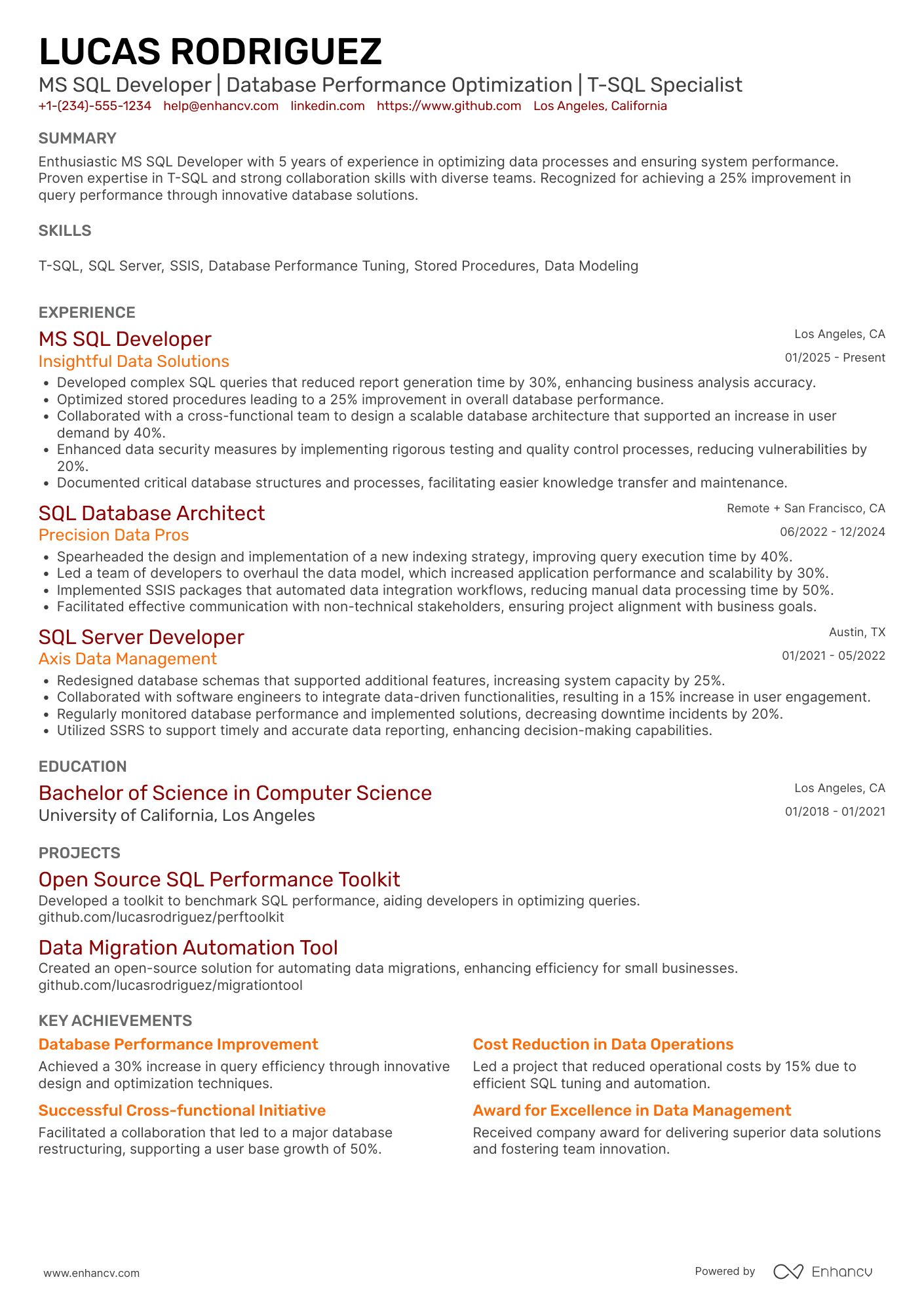 MS SQL Developer Resume Example