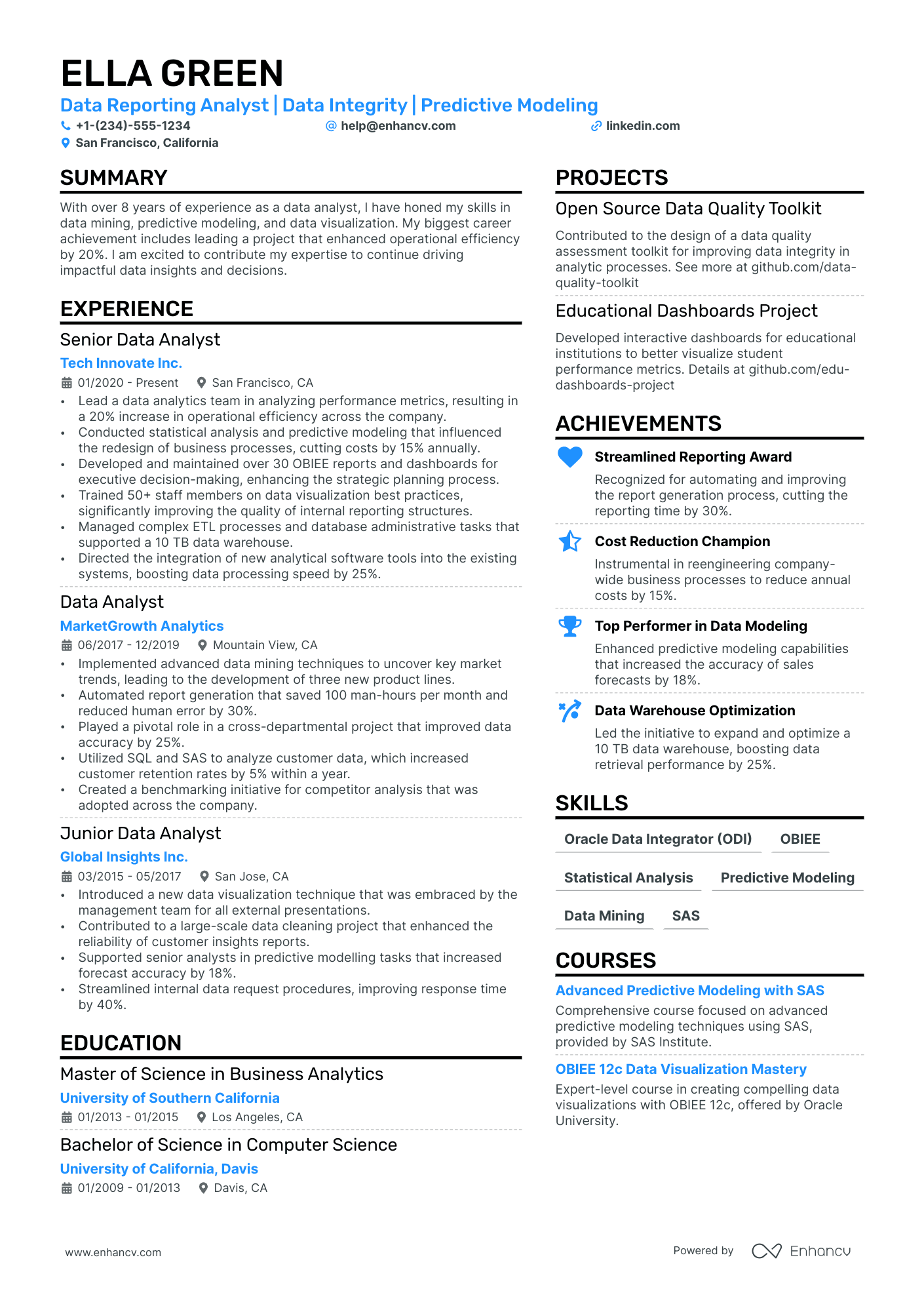 Data Reporting Analyst Resume Example