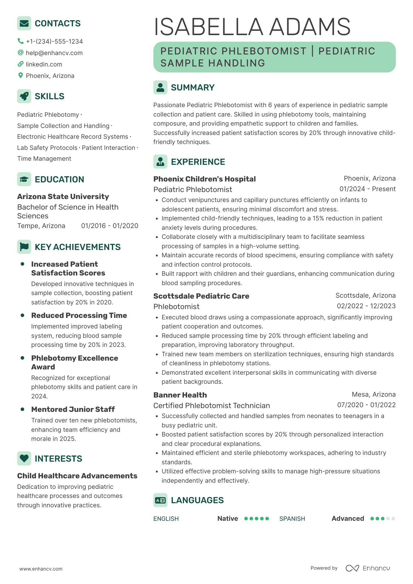 Pediatric Phlebotomist Resume Example