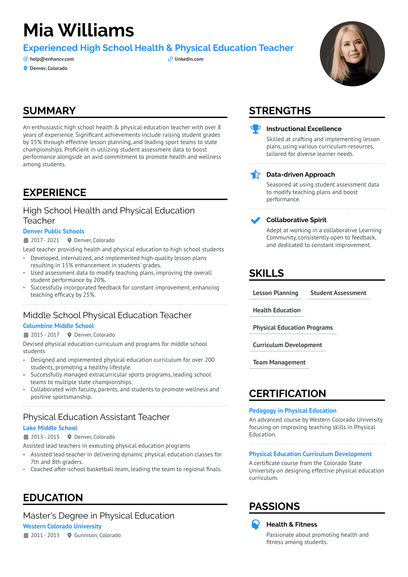 High School Physical Education Teacher Resume Example
