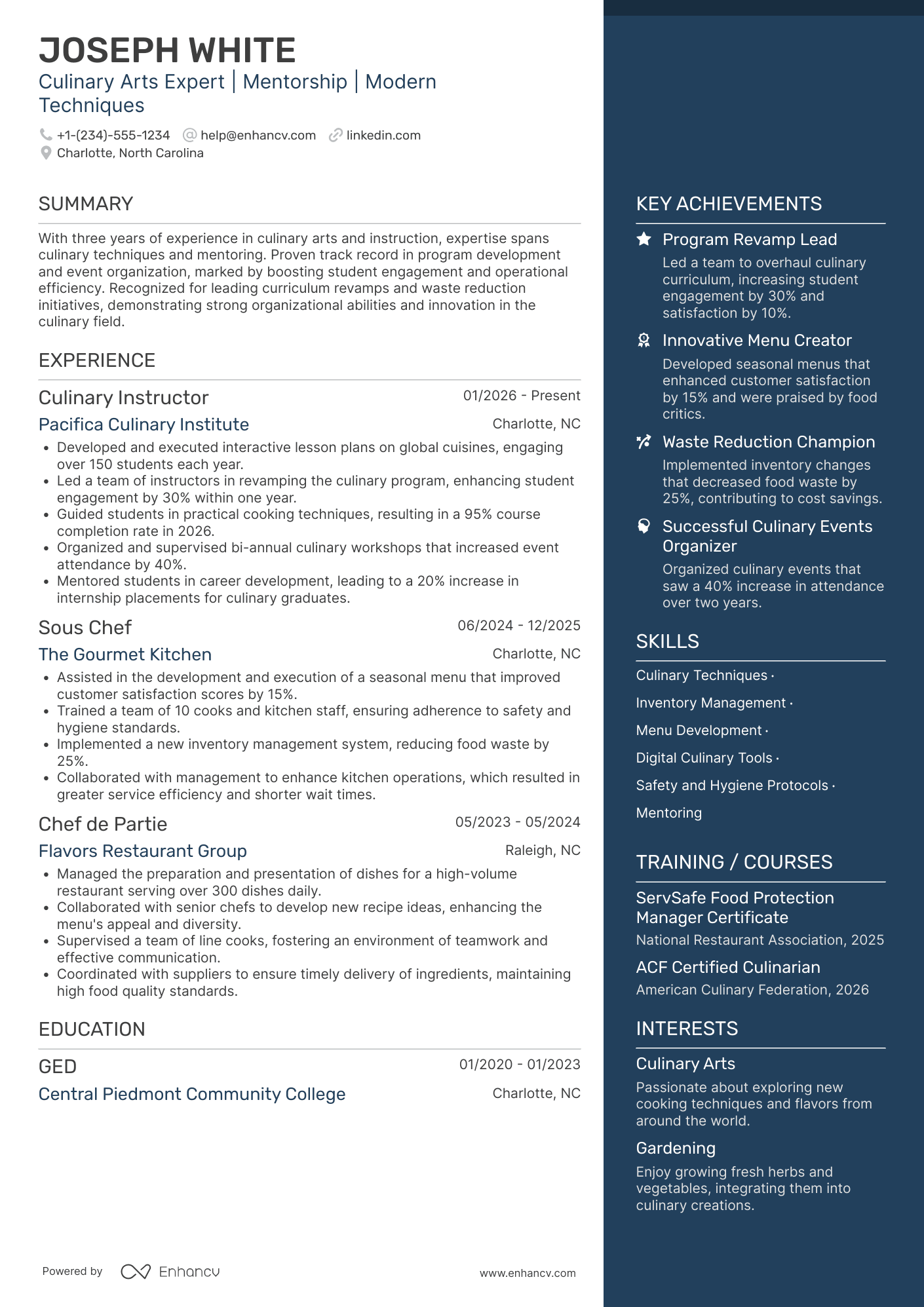 Culinary Arts Teacher Resume Example