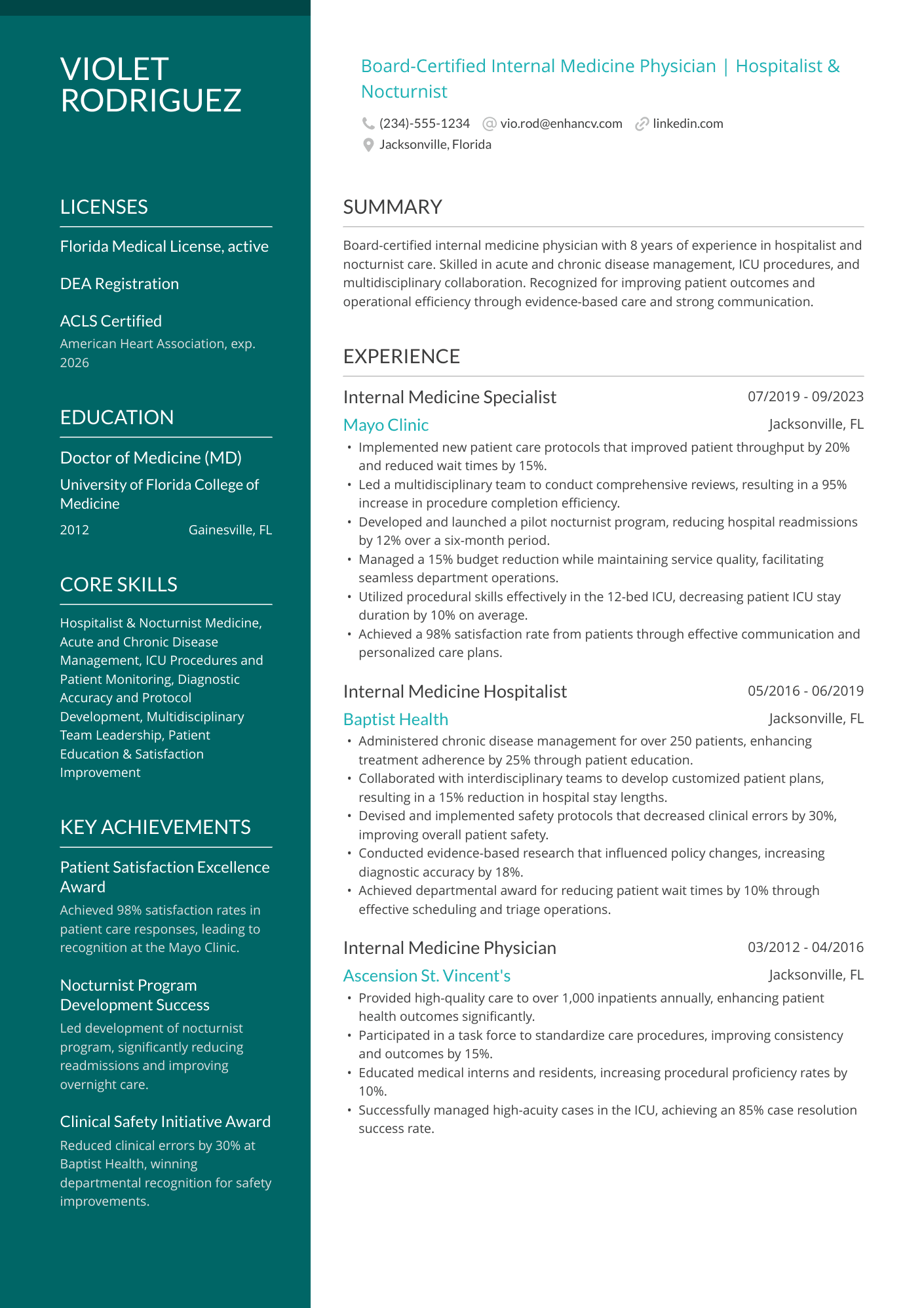 Internal Medicine Doctor Resume Example