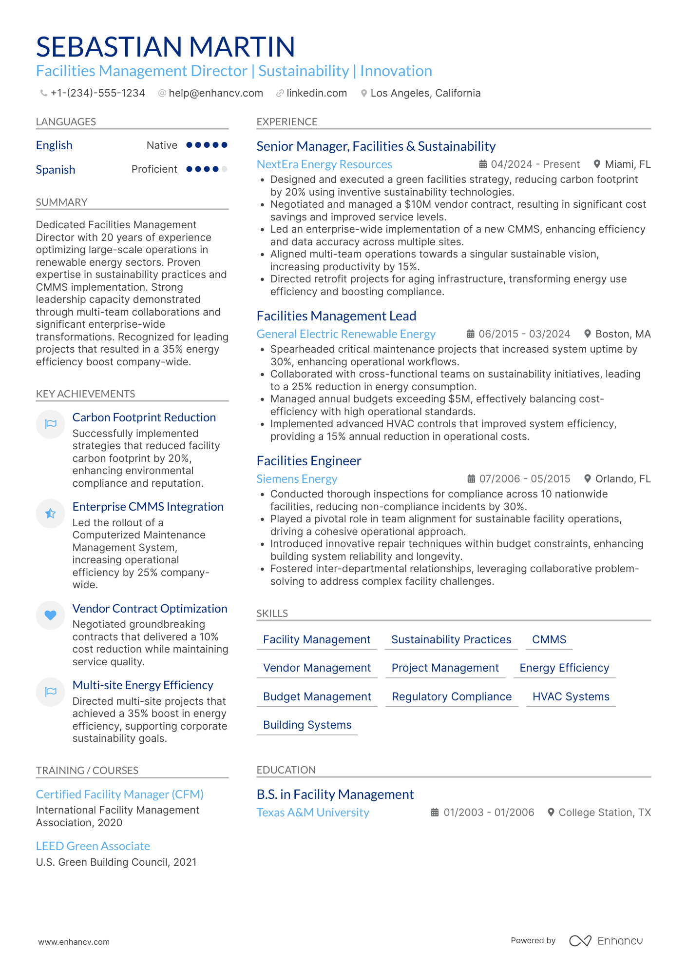 Facilities Management Director Resume Example