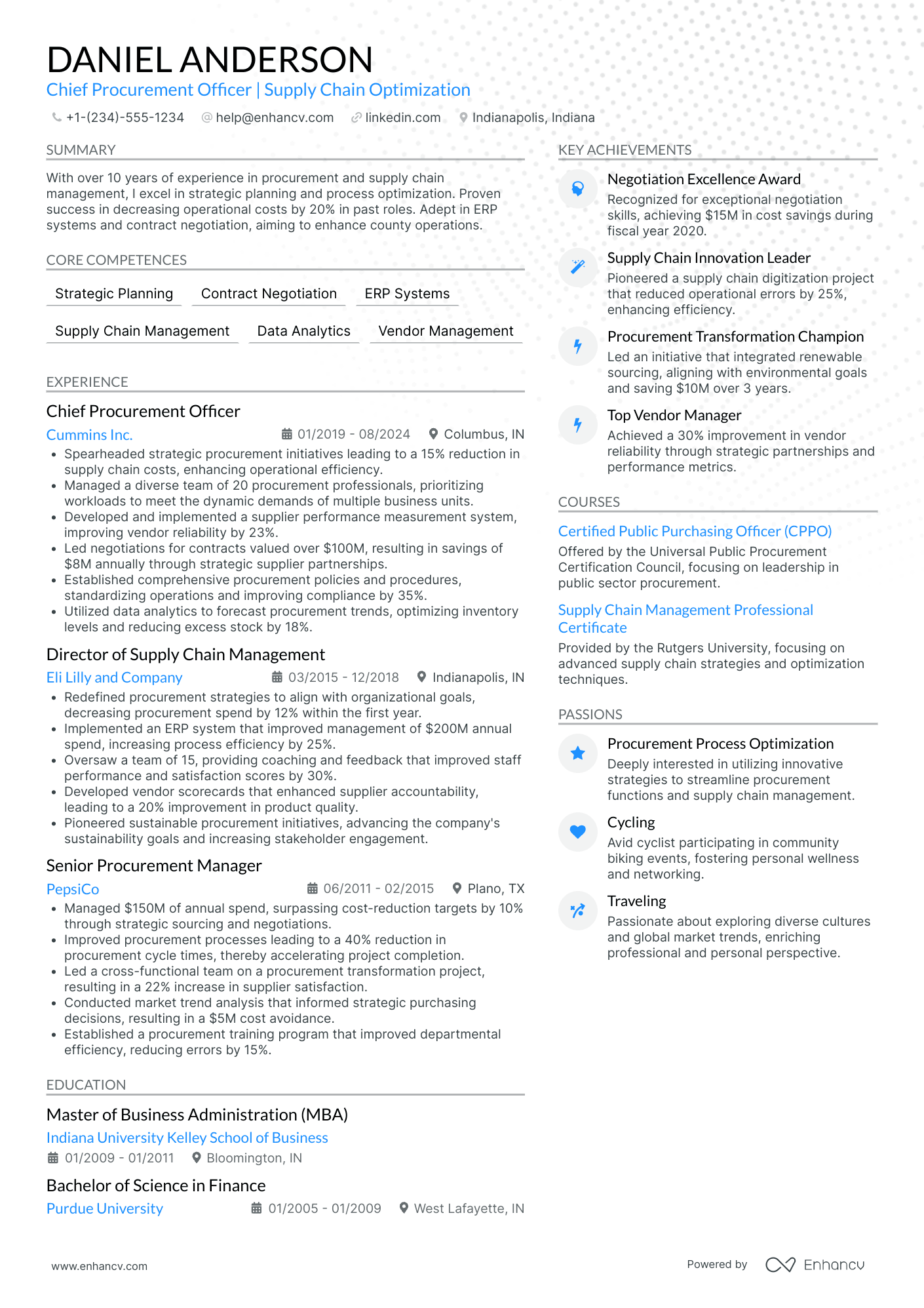 Chief Procurement and Logistics Officer Resume Example