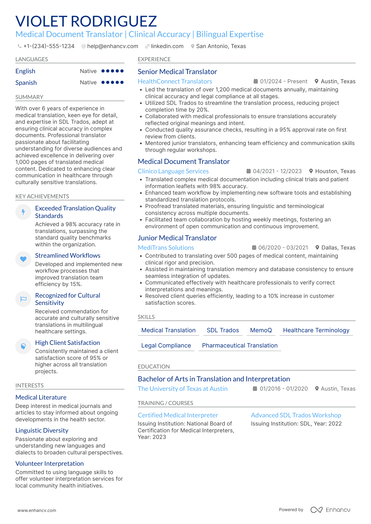 Medical Document Translator Resume Example