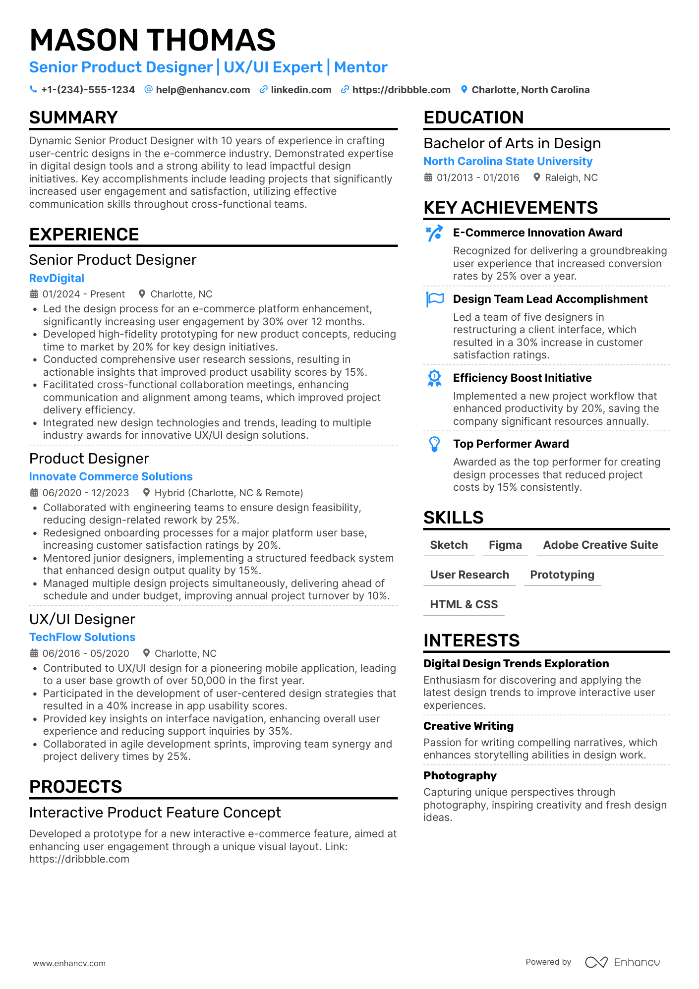 Senior Product Designer Resume Example
