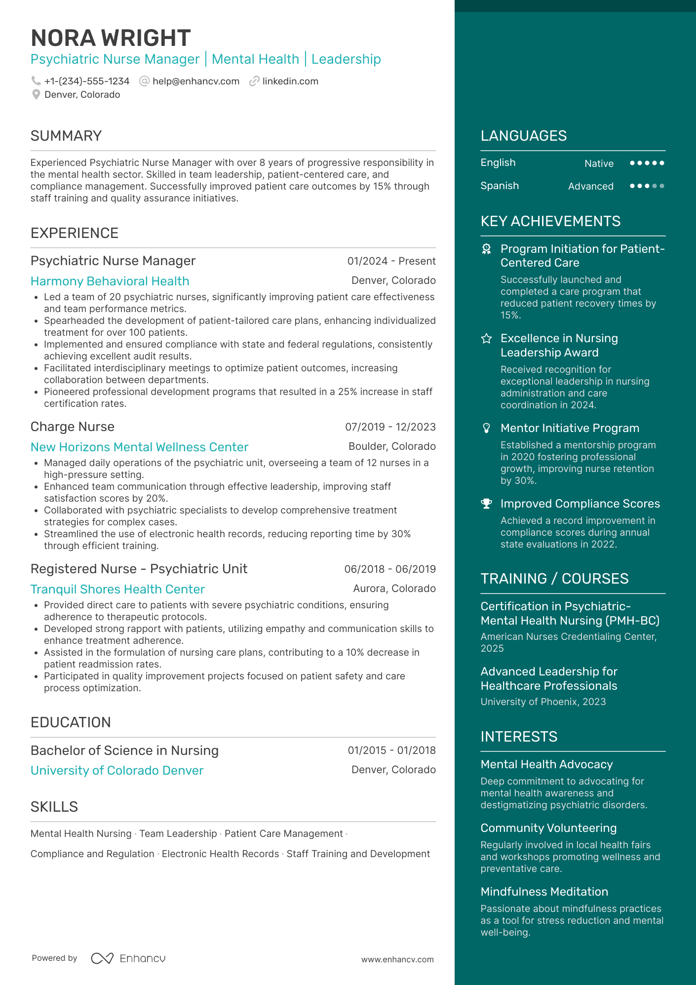 Psychiatric Nurse Manager Resume Example