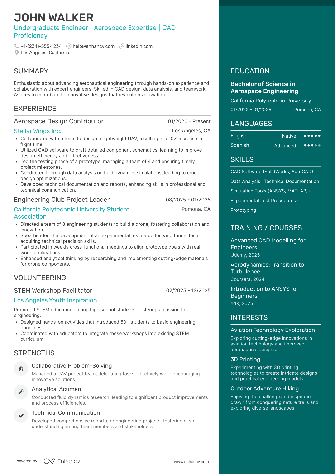 Undergraduate Engineering Intern Resume Example