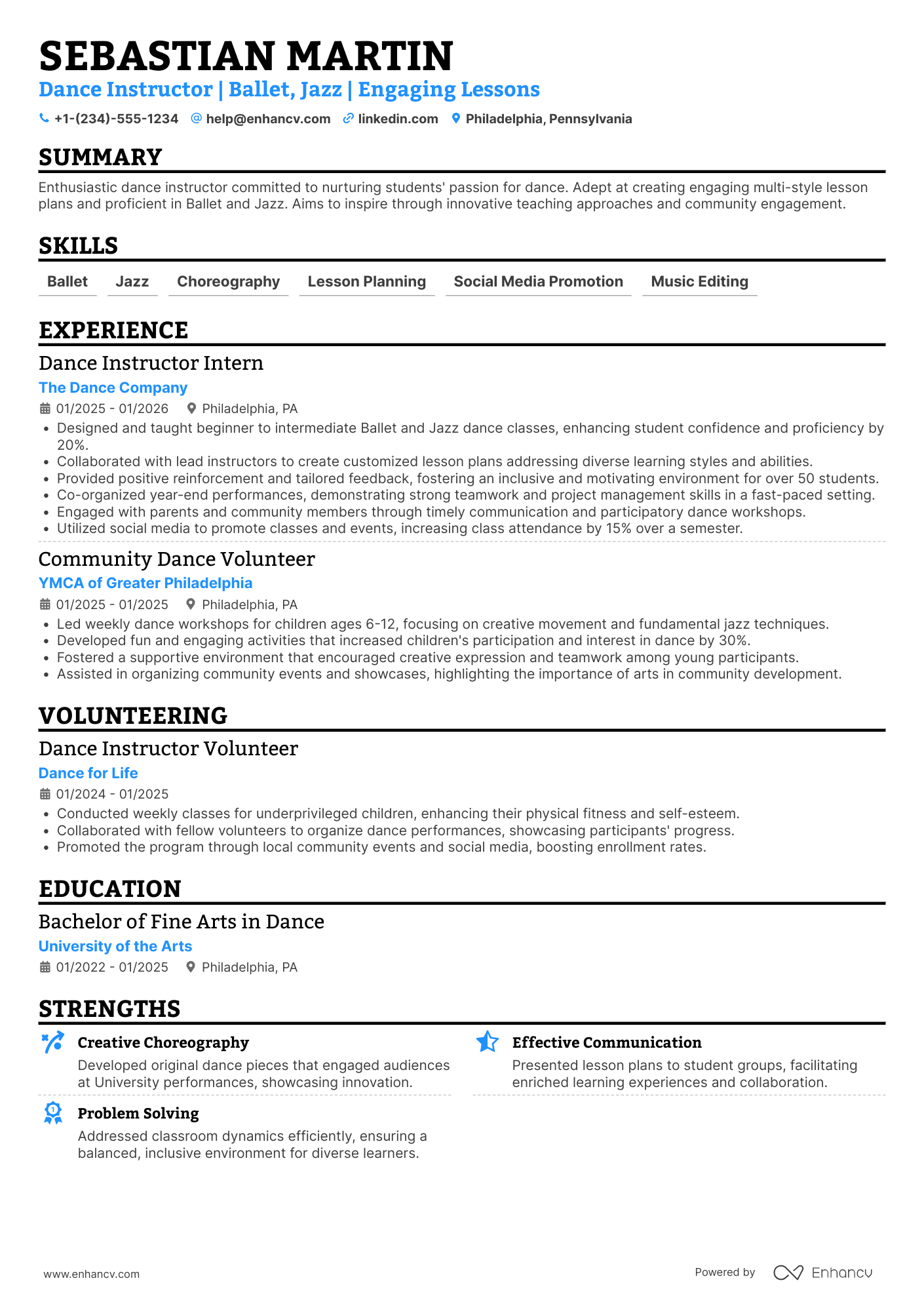 Entry Level Dance Instructor Resume Example