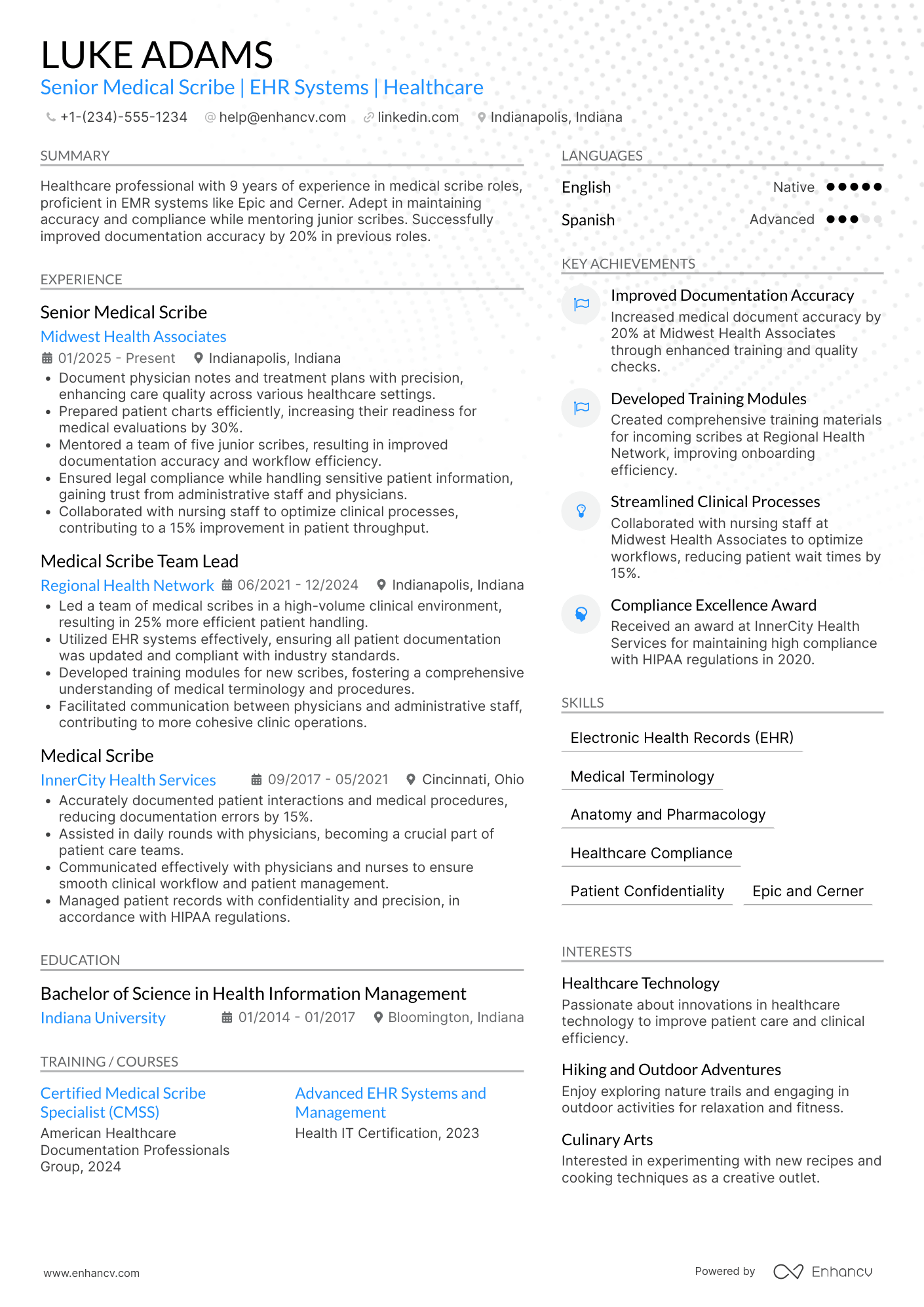 Senior Medical Scribe Resume Example
