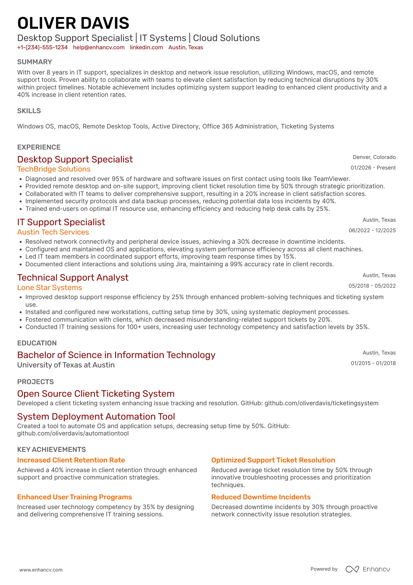 Desktop Support Resume Example