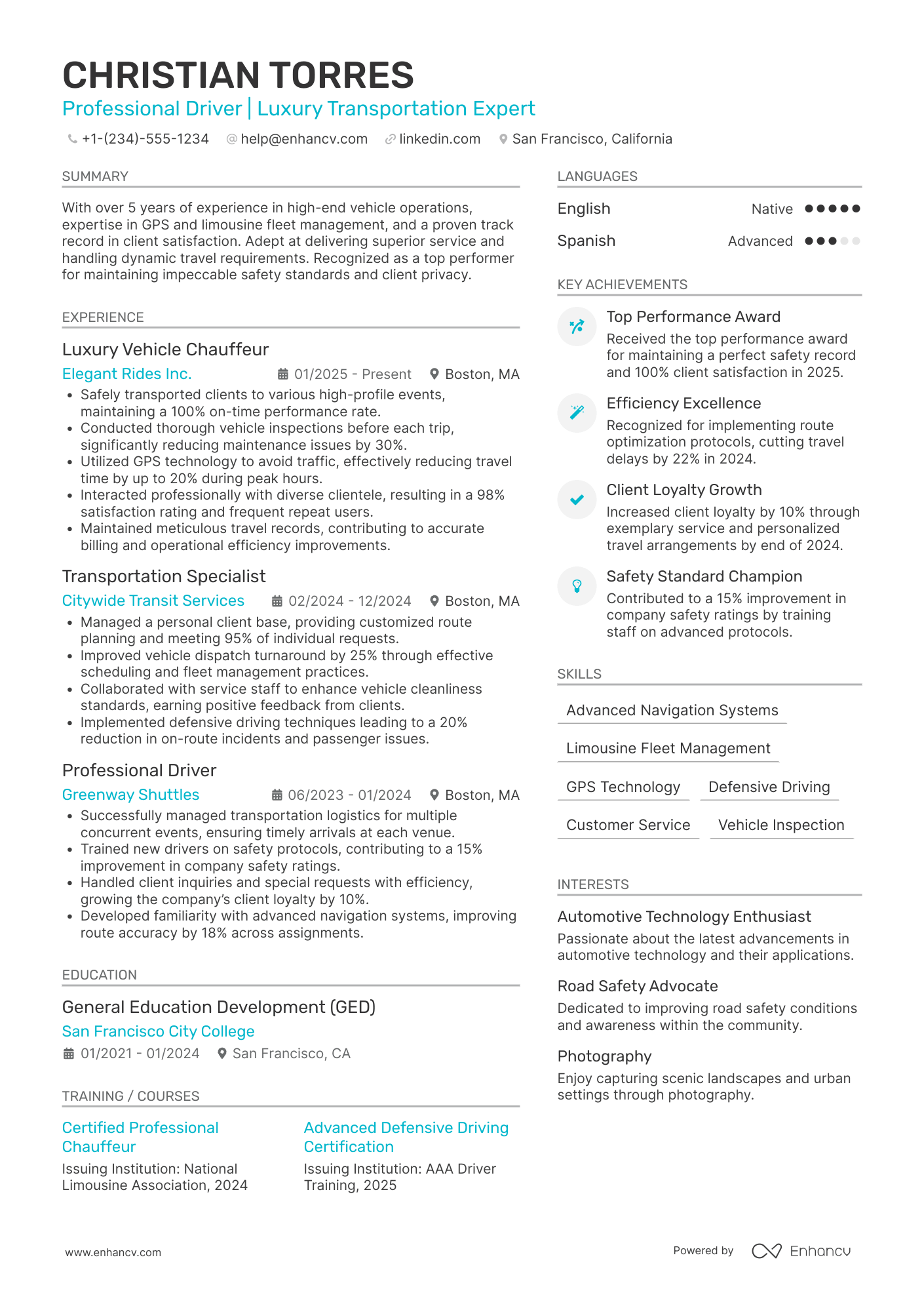 Limousine Driver Resume Example