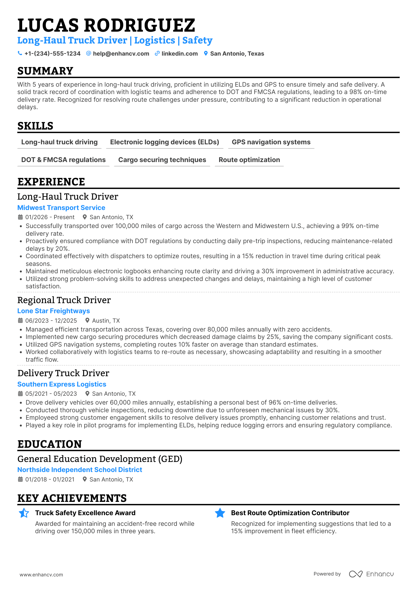 Long Haul Truck Driver Resume Example