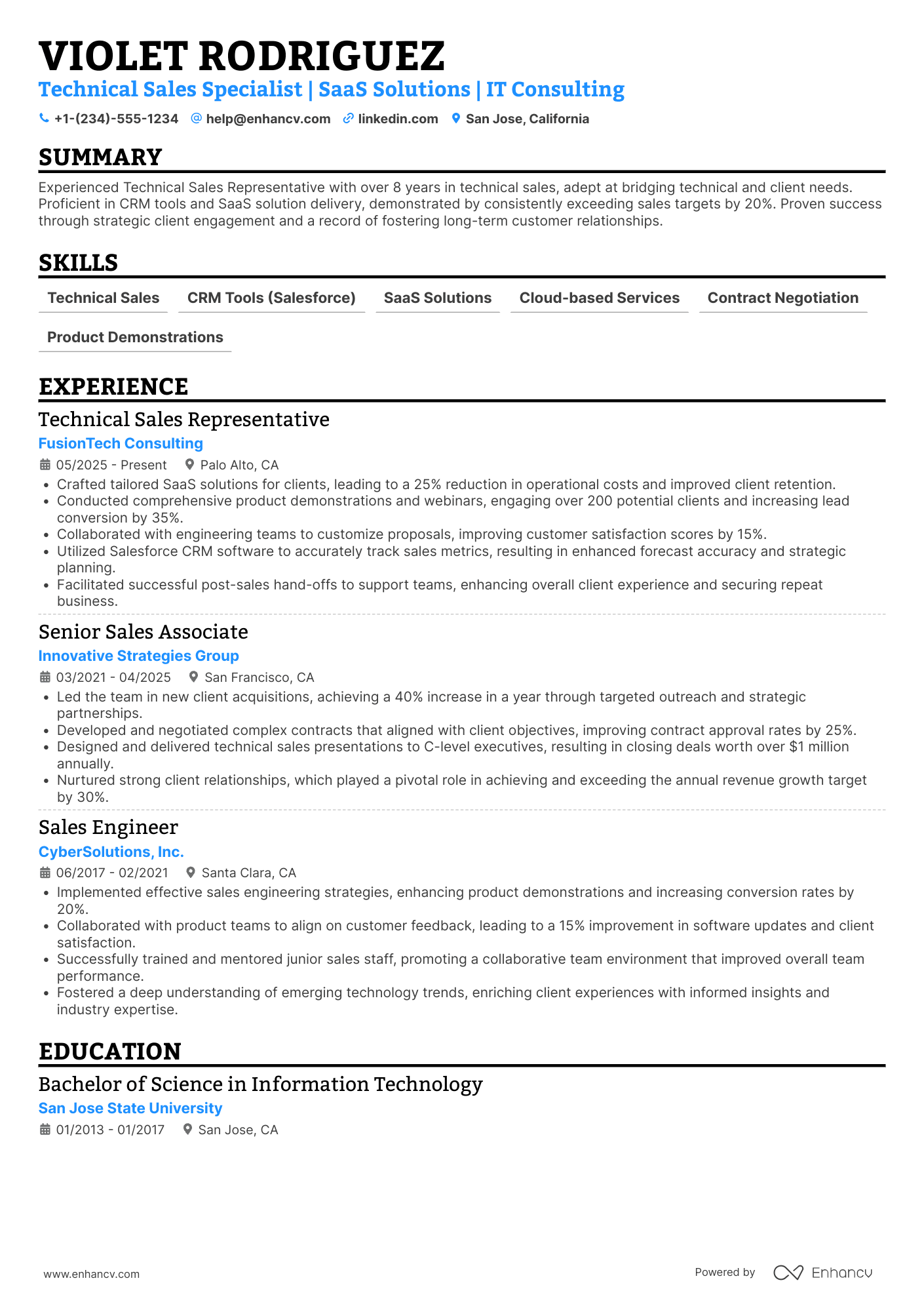 Technical Sales Representative Resume Example
