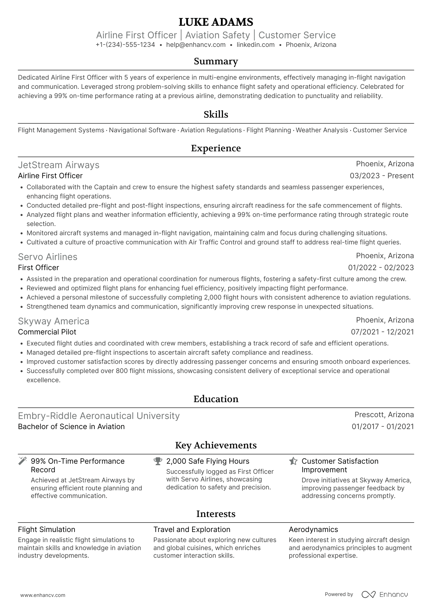 First Officer Airline Pilot Resume Example