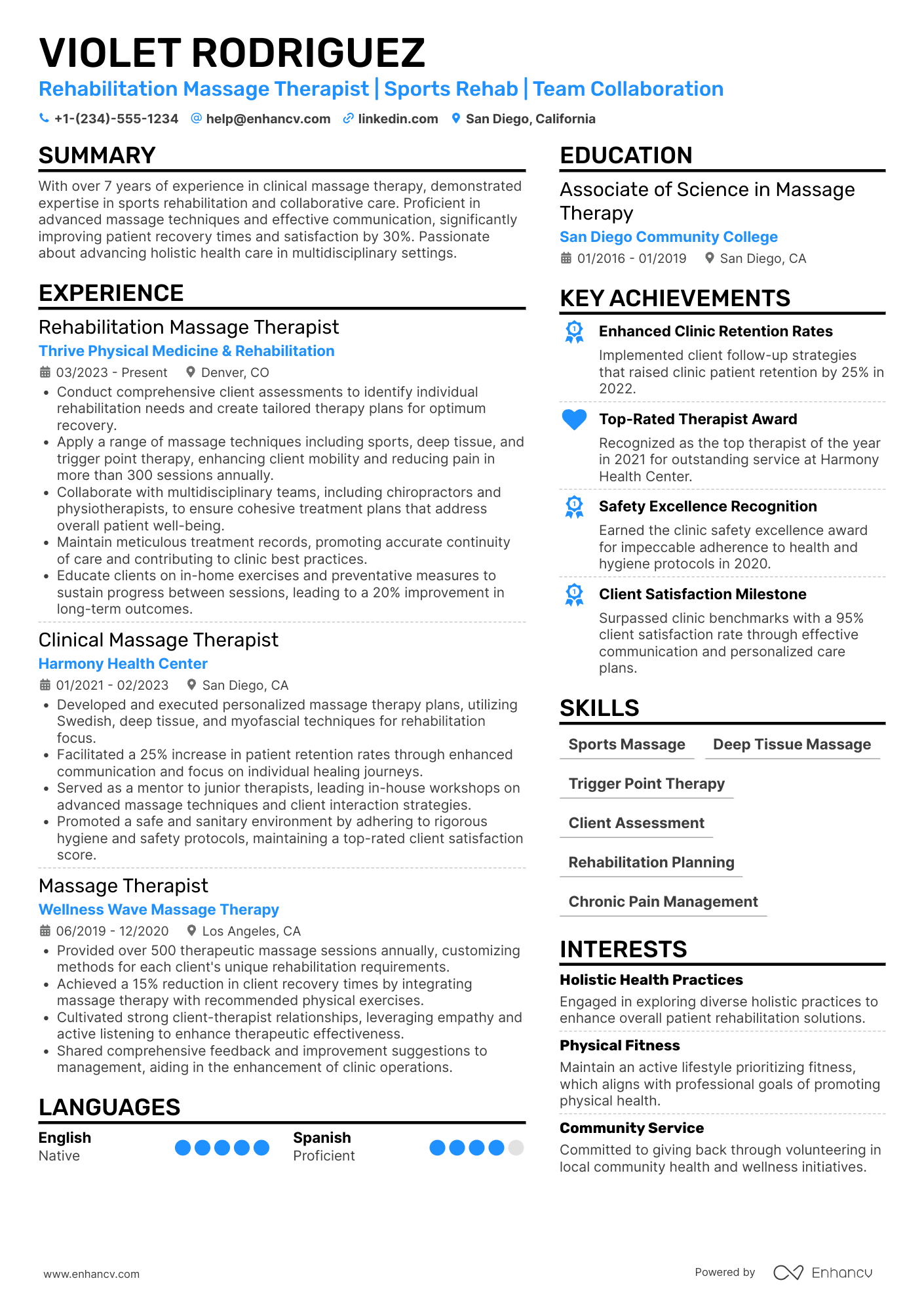 Rehabilitation Massage Therapist Resume Example