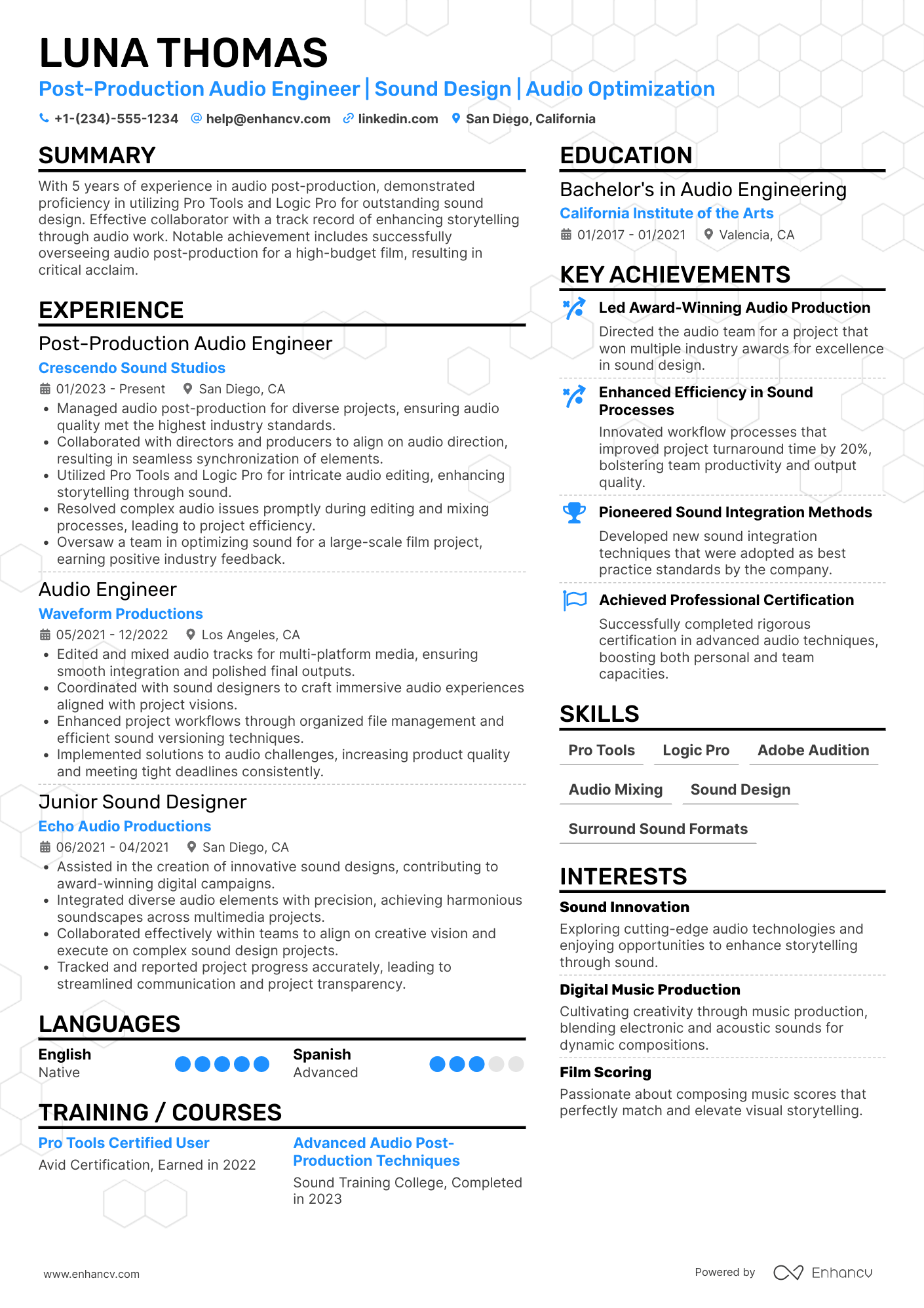 Post Production Audio Engineer Resume Example