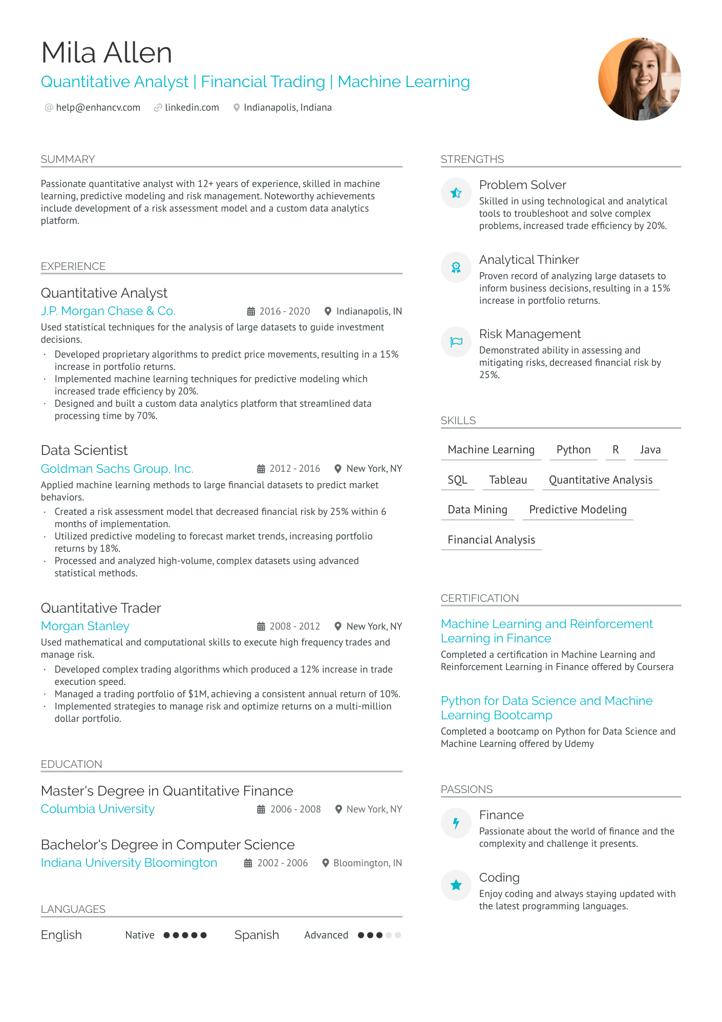 Quantitative Researcher Resume Example