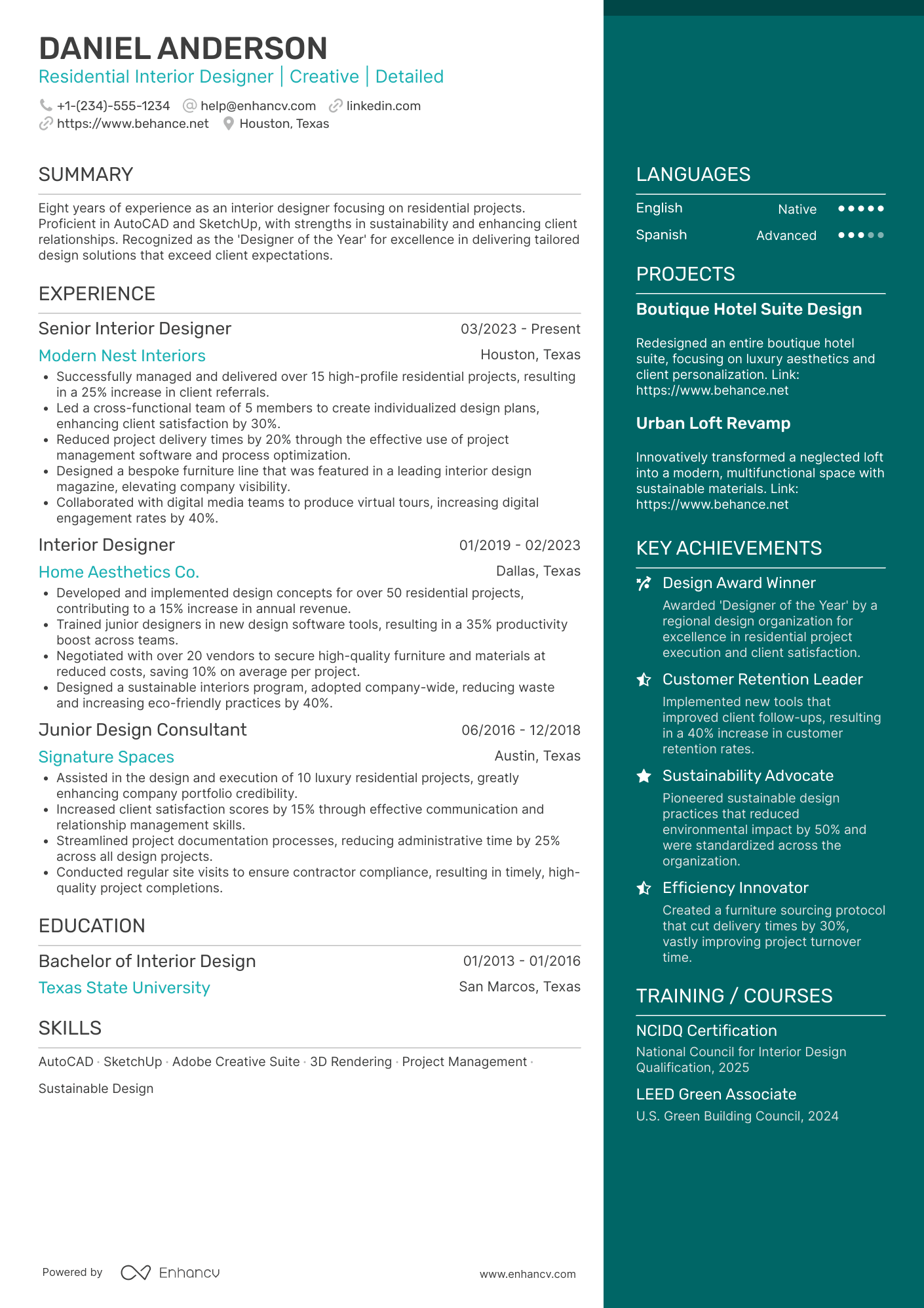 Residential Interior Designer Resume Example