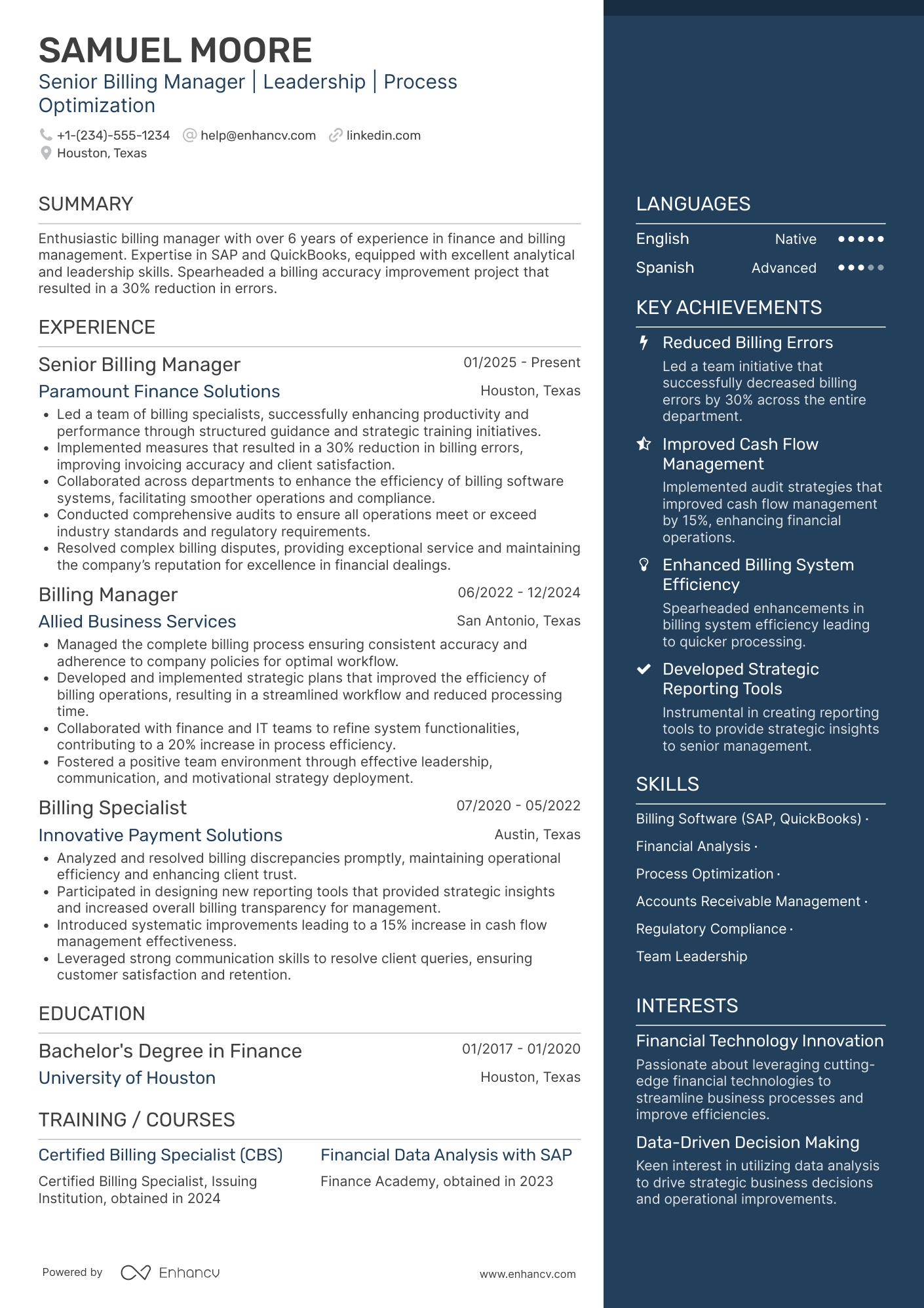 Senior Billing Manager Resume Example