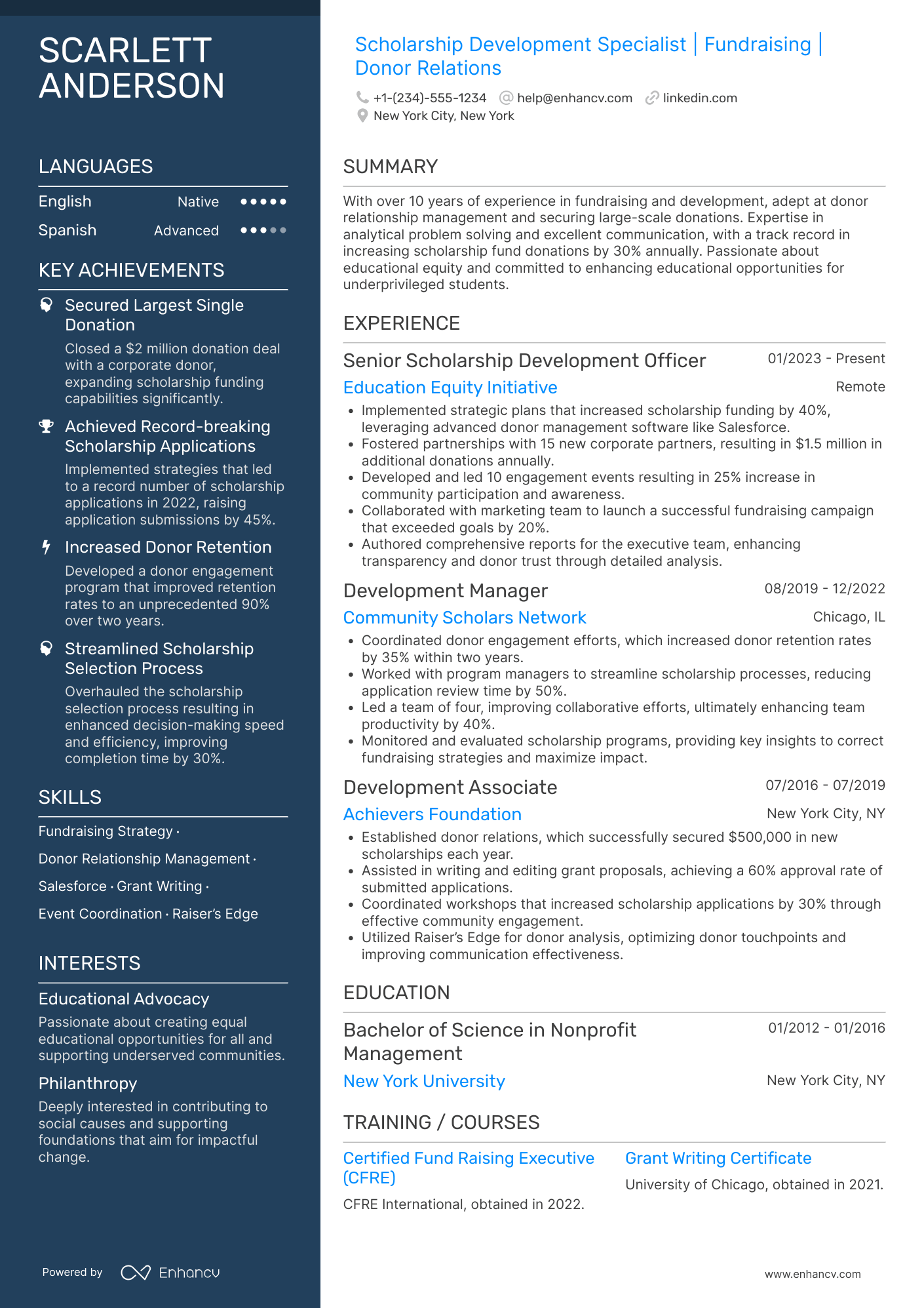 Scholarship Development Officer Resume Example