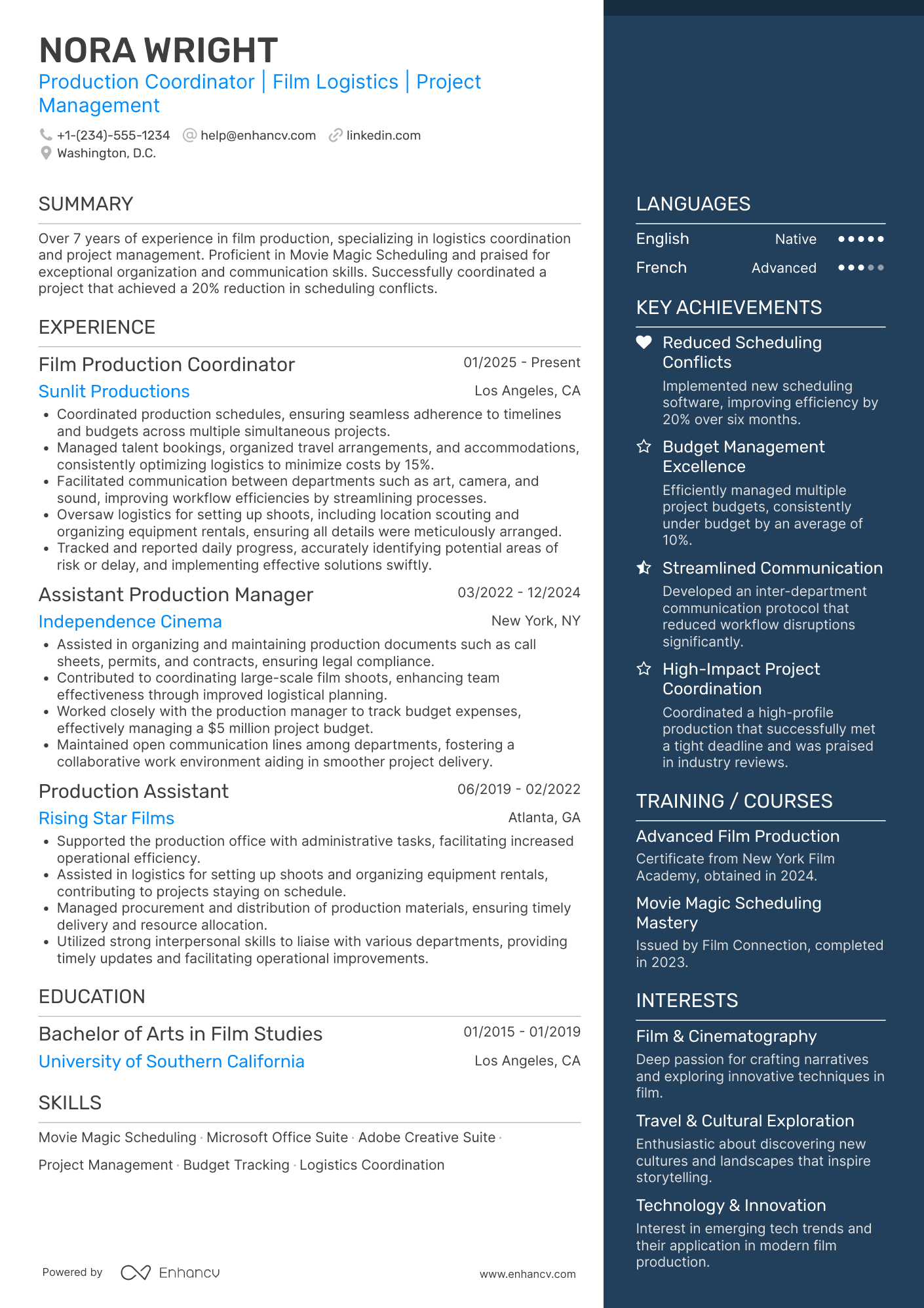 Film Production Coordinator Resume Example