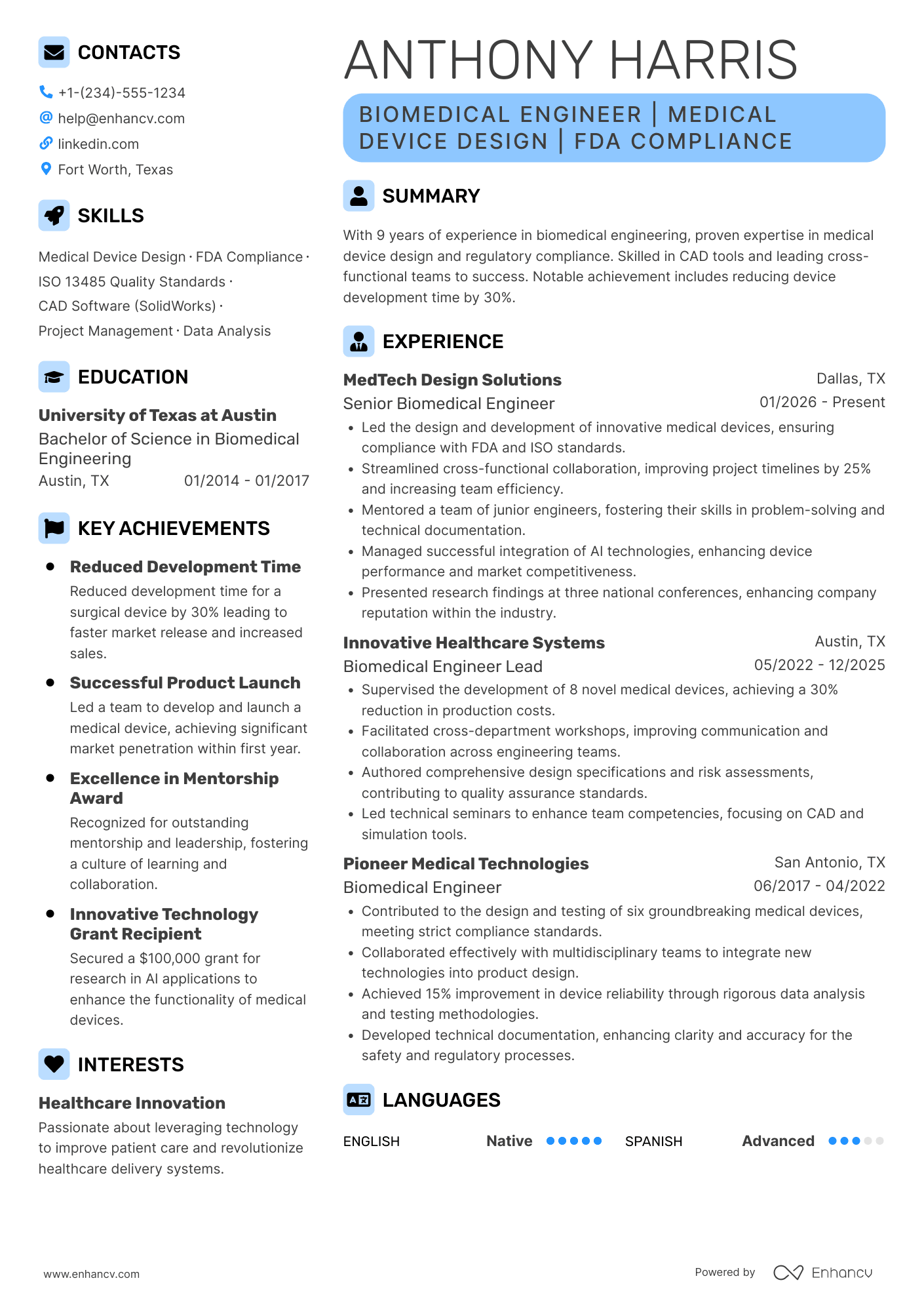 Senior Biomedical Engineer Resume Example