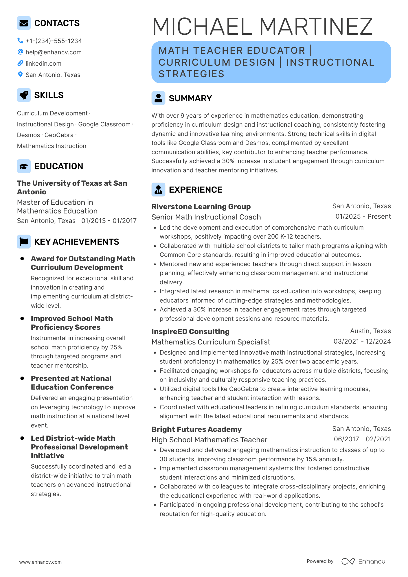 Math Teacher Educator Resume Example