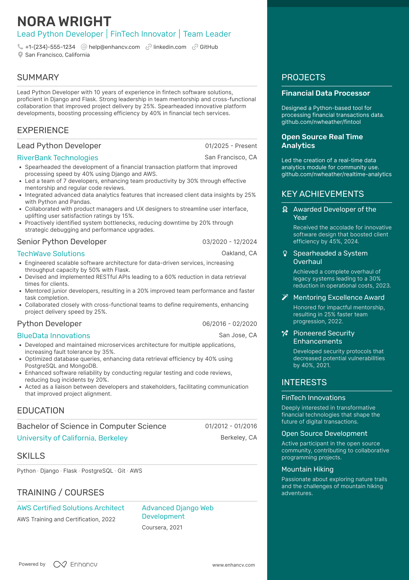 Lead Python Developer Resume Example