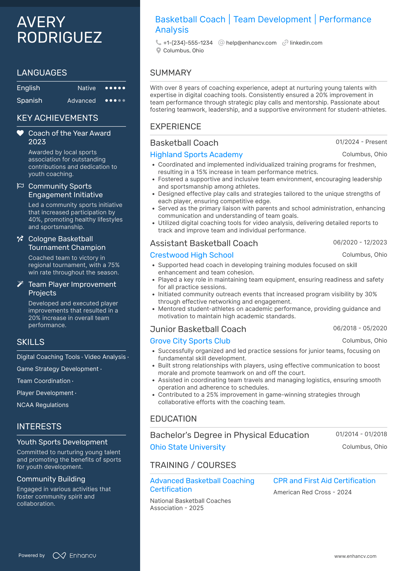 Freshman Basketball Coach Resume Example