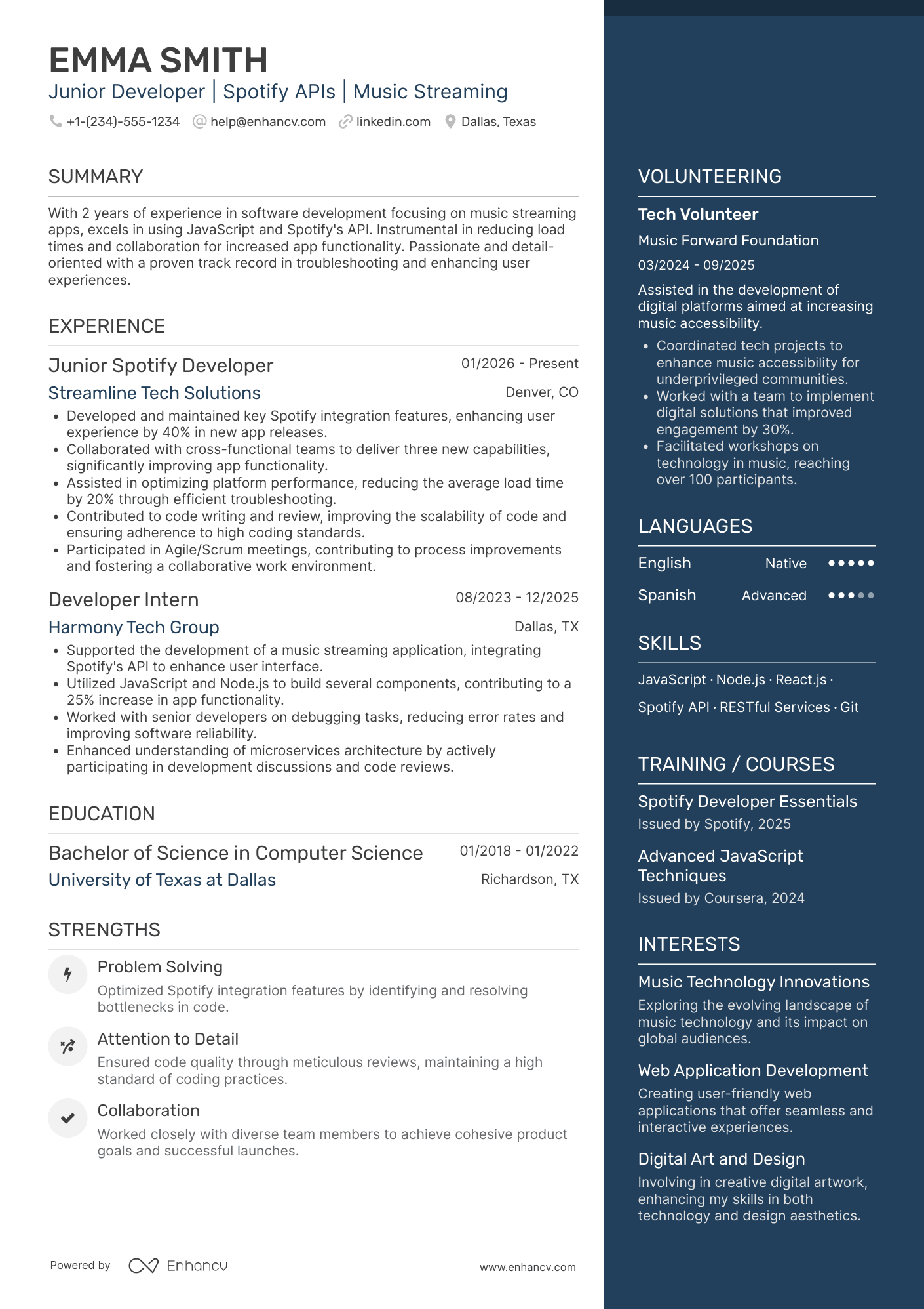 Junior Spotify Developer Resume Example
