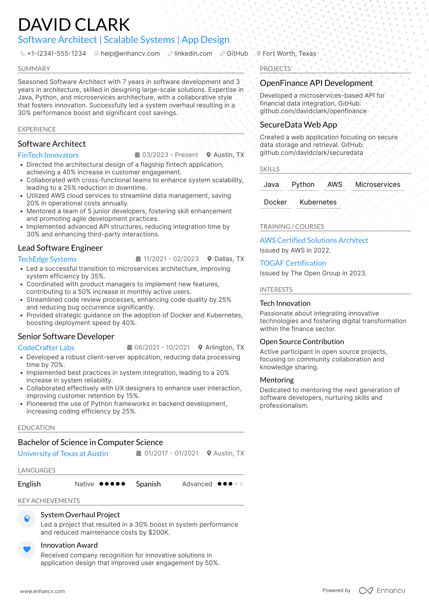 Experienced Software Architect Resume Example
