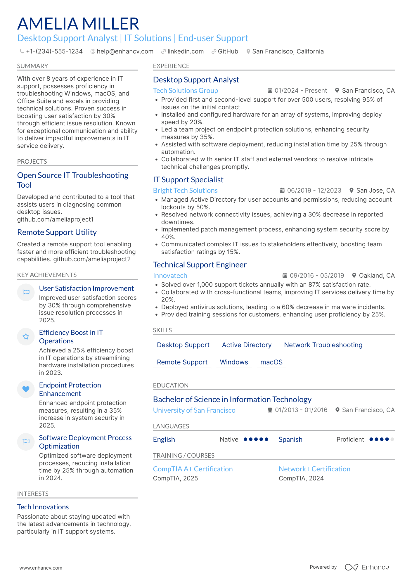 Desktop Support Analyst Resume Example