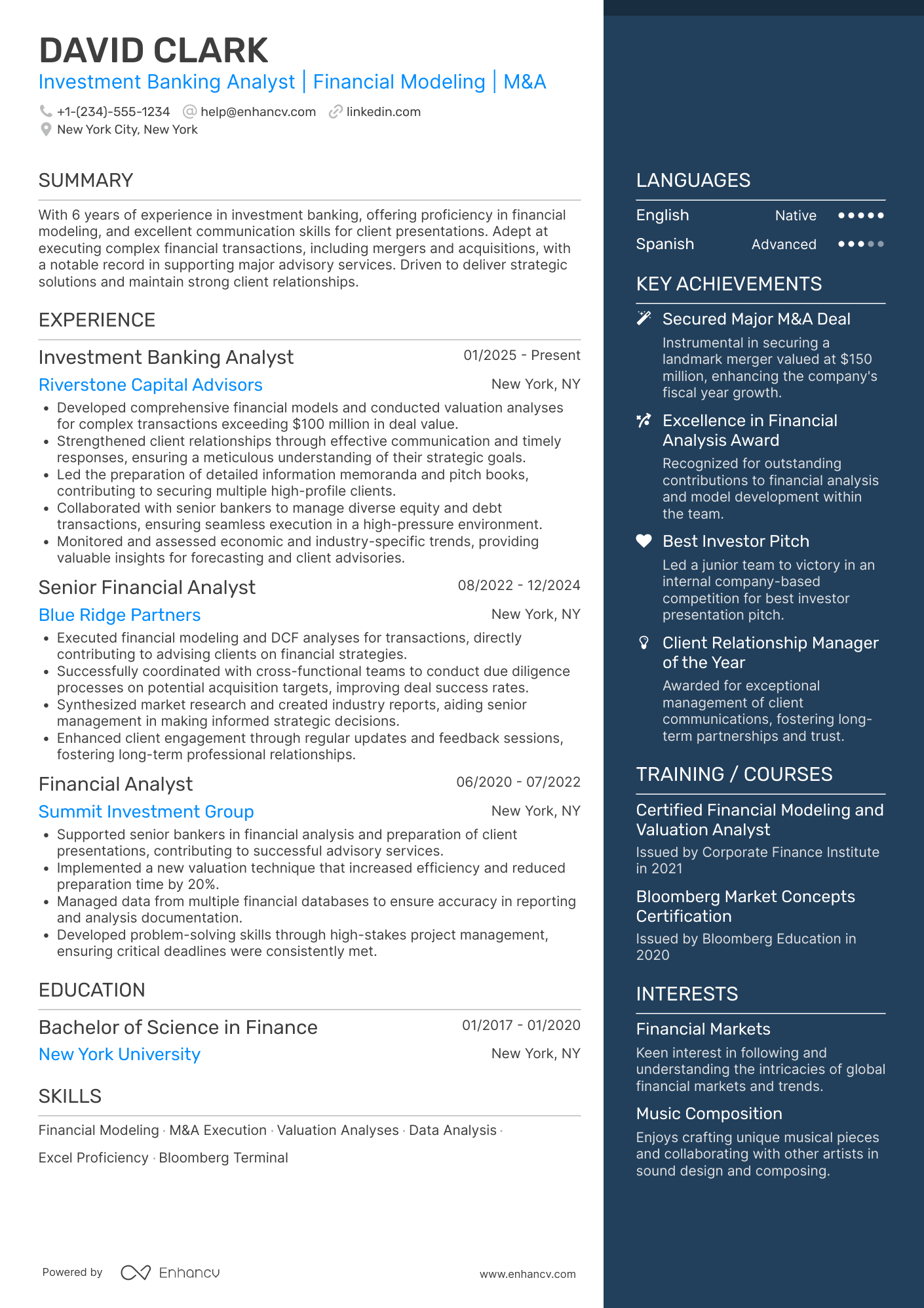 Investment Banking Analyst Resume Example