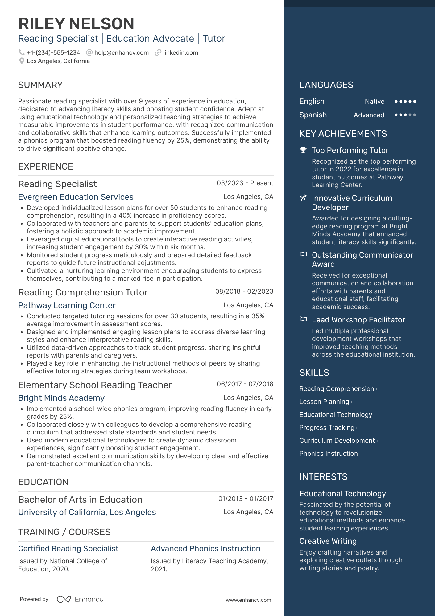 Reading Comprehension Tutor Resume Example