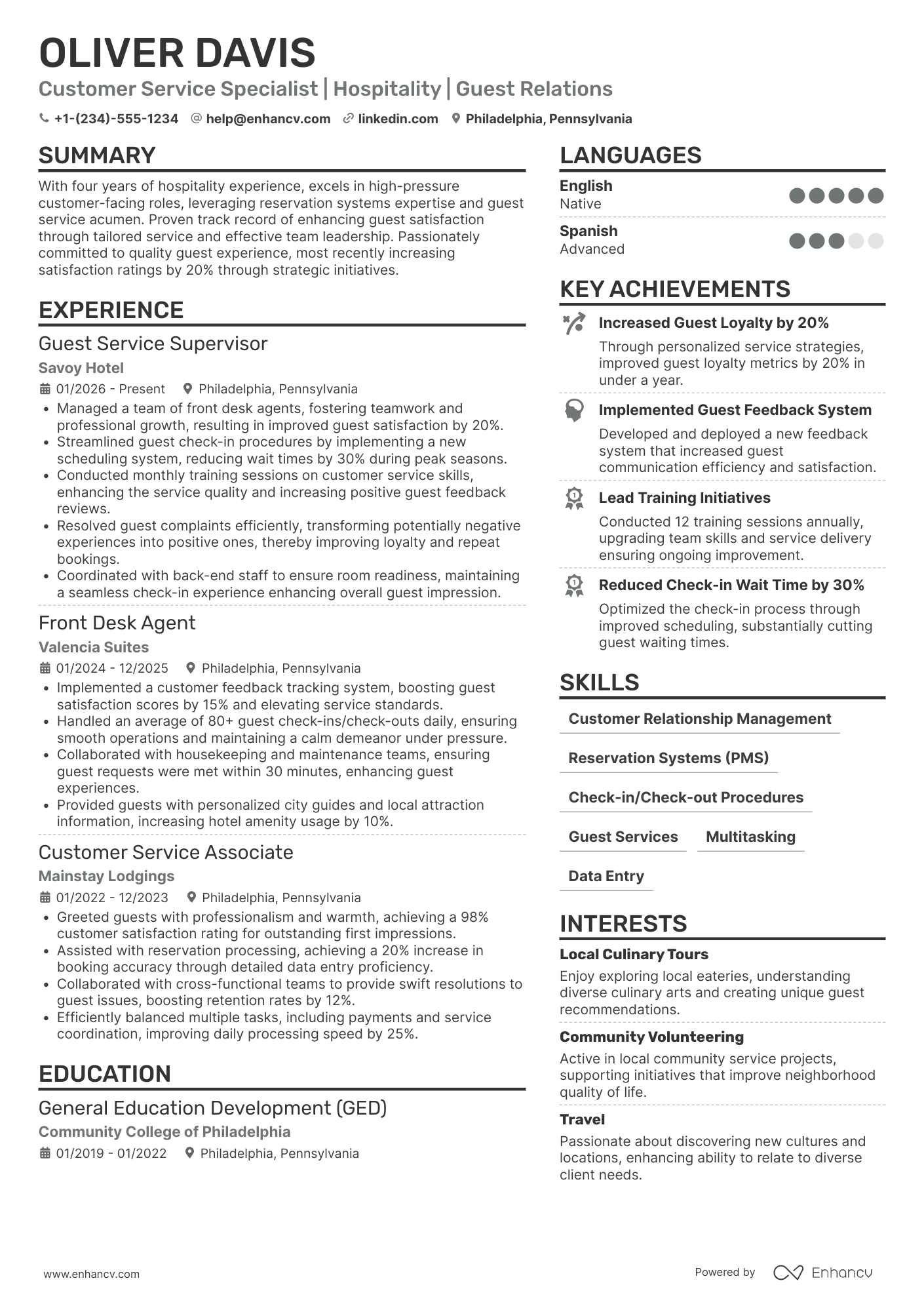 Hotel Front Desk Receptionist Resume Example
