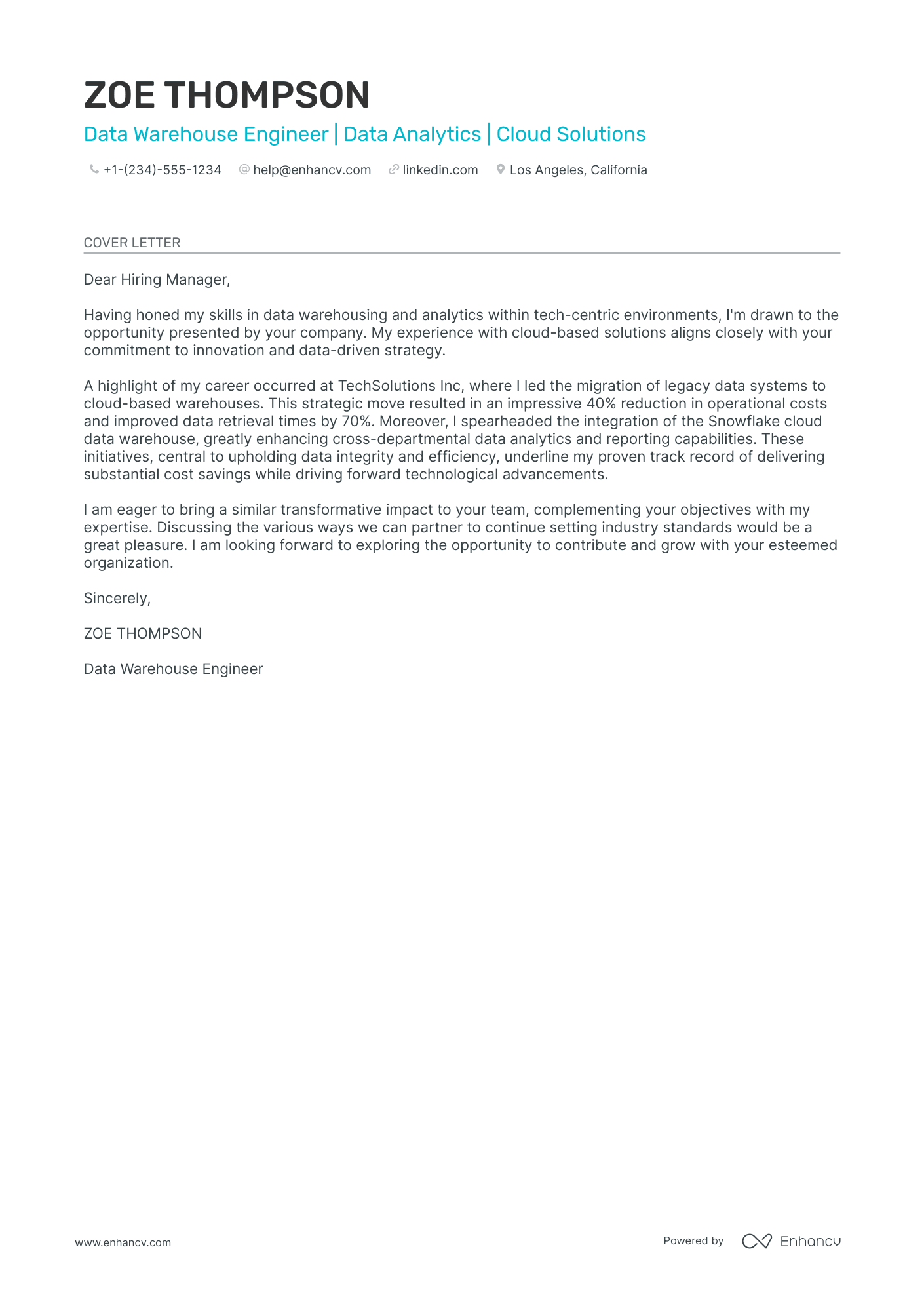 Data Warehouse Engineer Resume Example