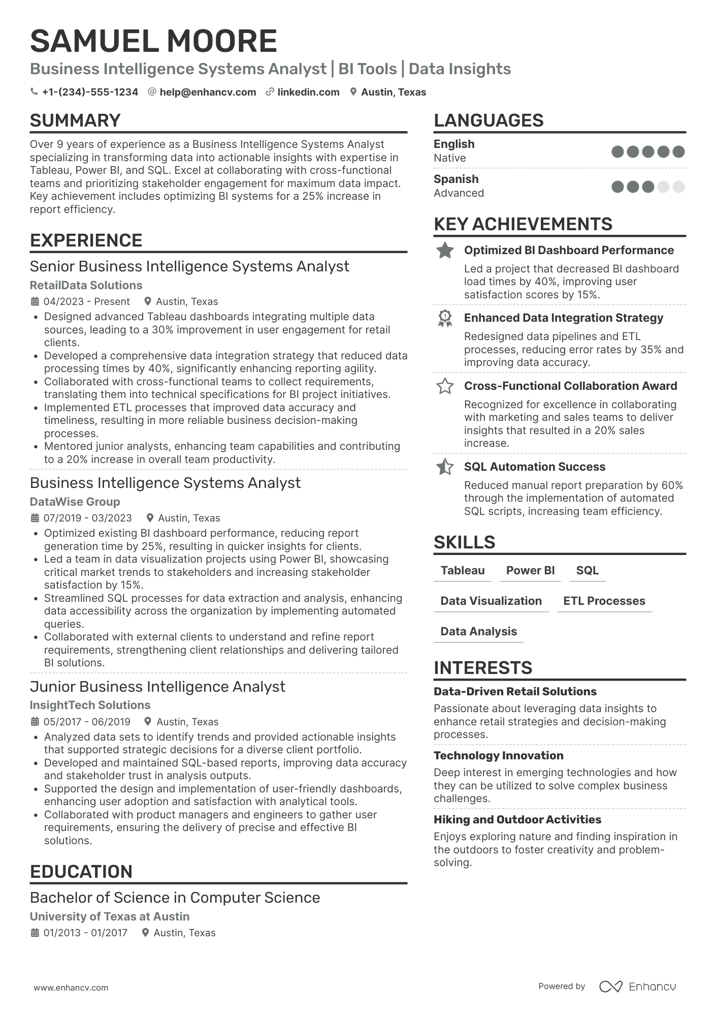 Business Intelligence Systems Analyst Resume Example