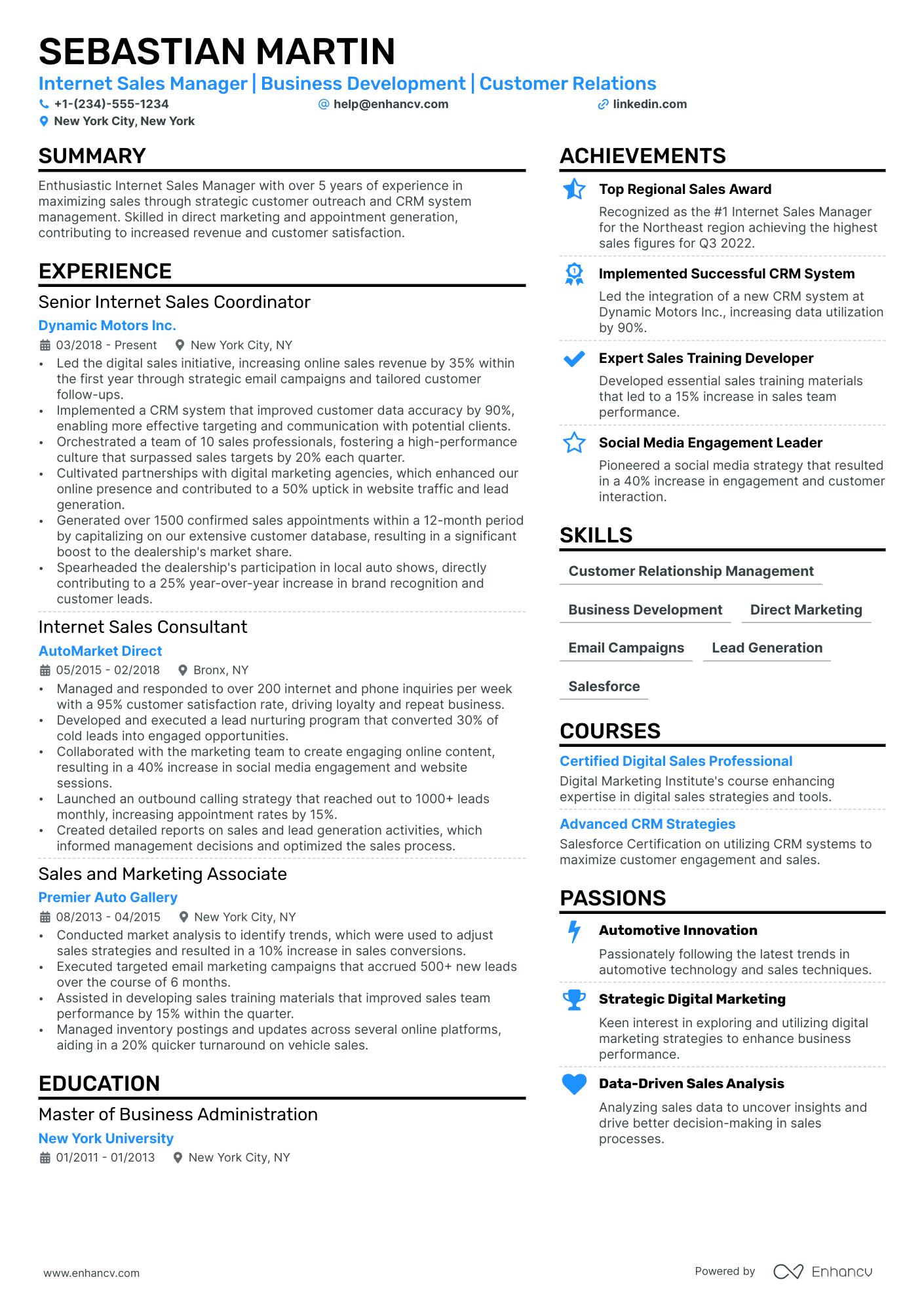 Internet Sales Manager Resume Example