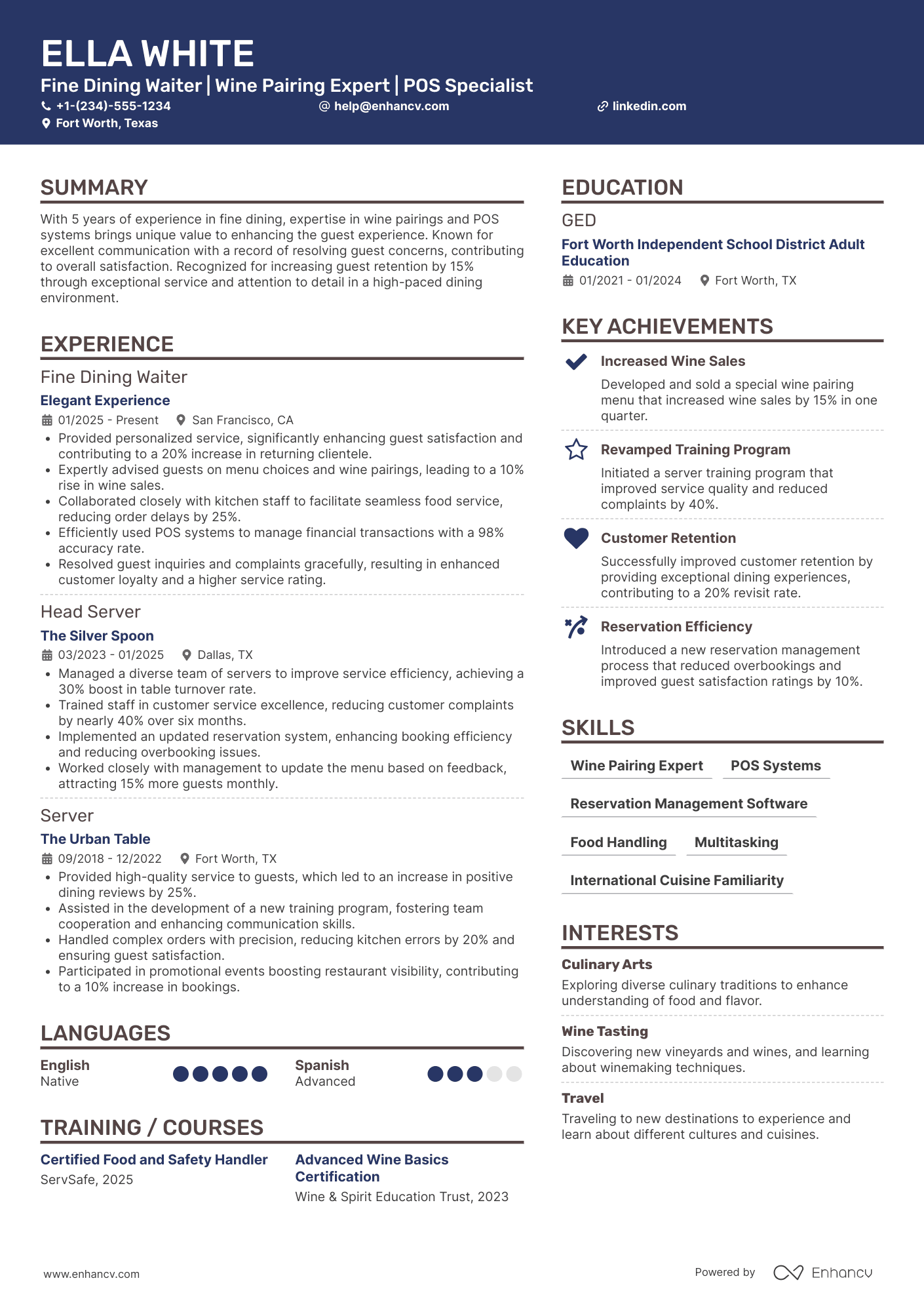 Fine Dining Waiter Resume Example