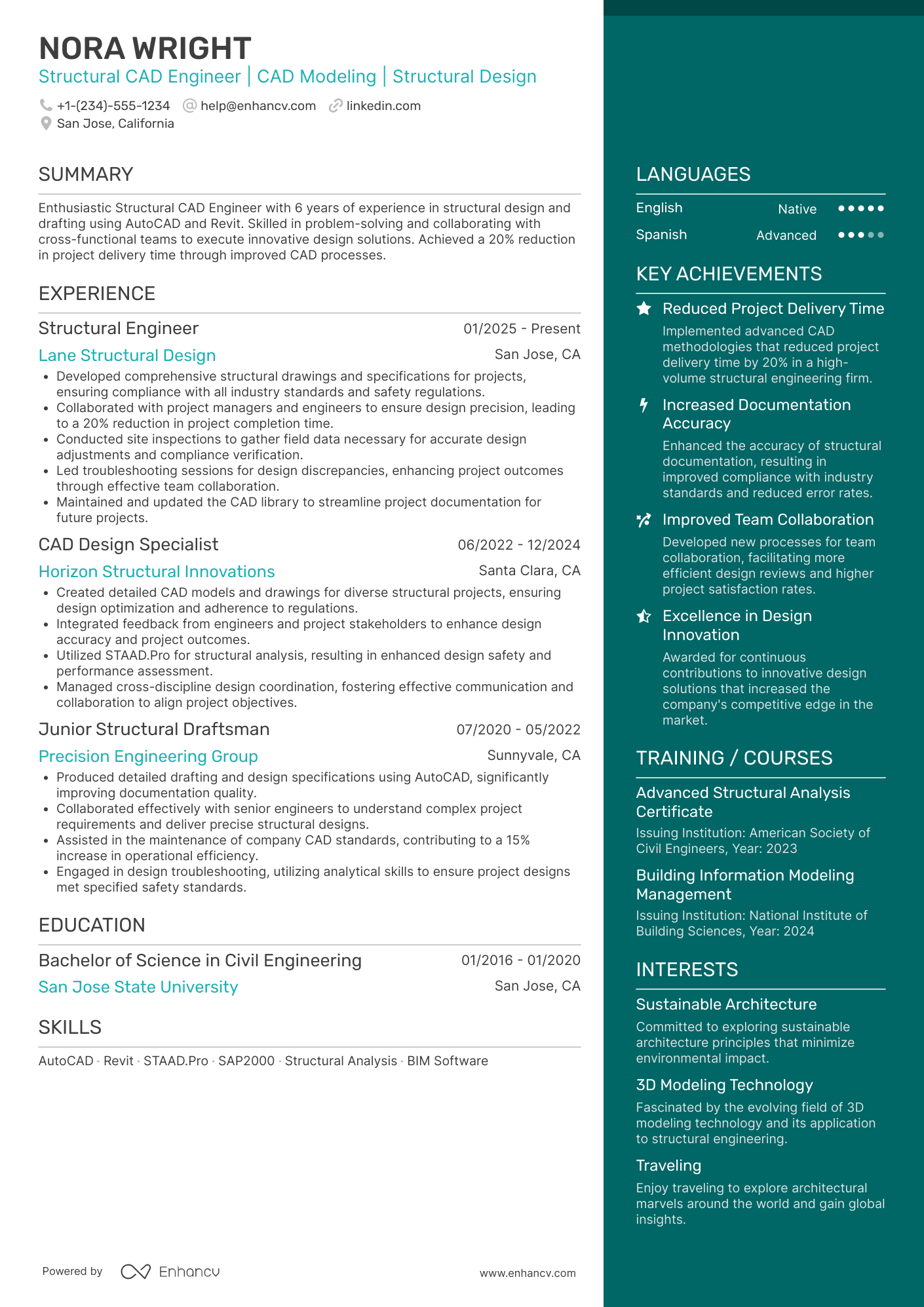 Structural CAD Engineer Resume Example