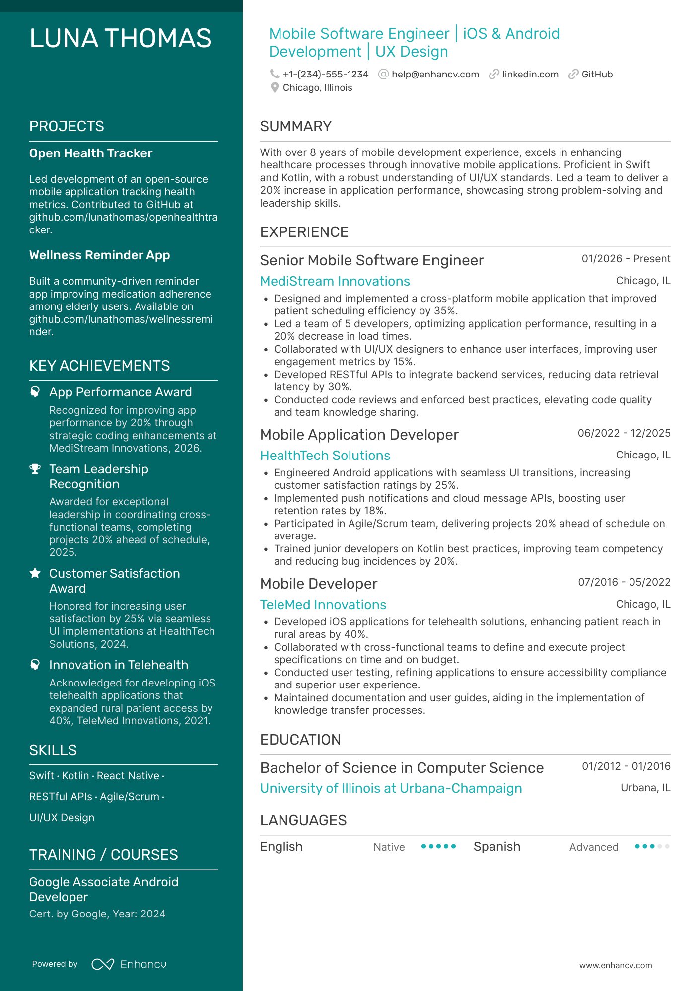 Mobile Software Engineer Resume Example