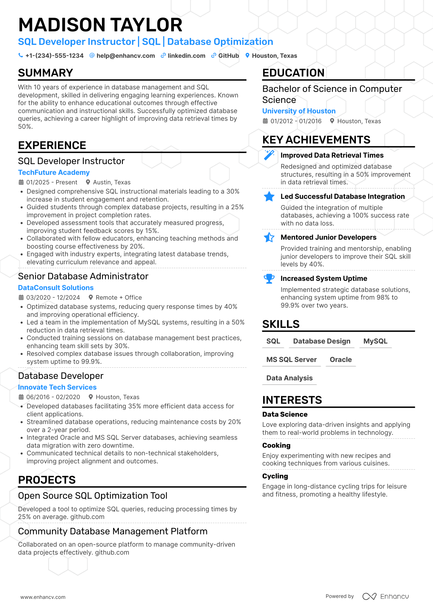 SQL Developer Instructor Resume Example