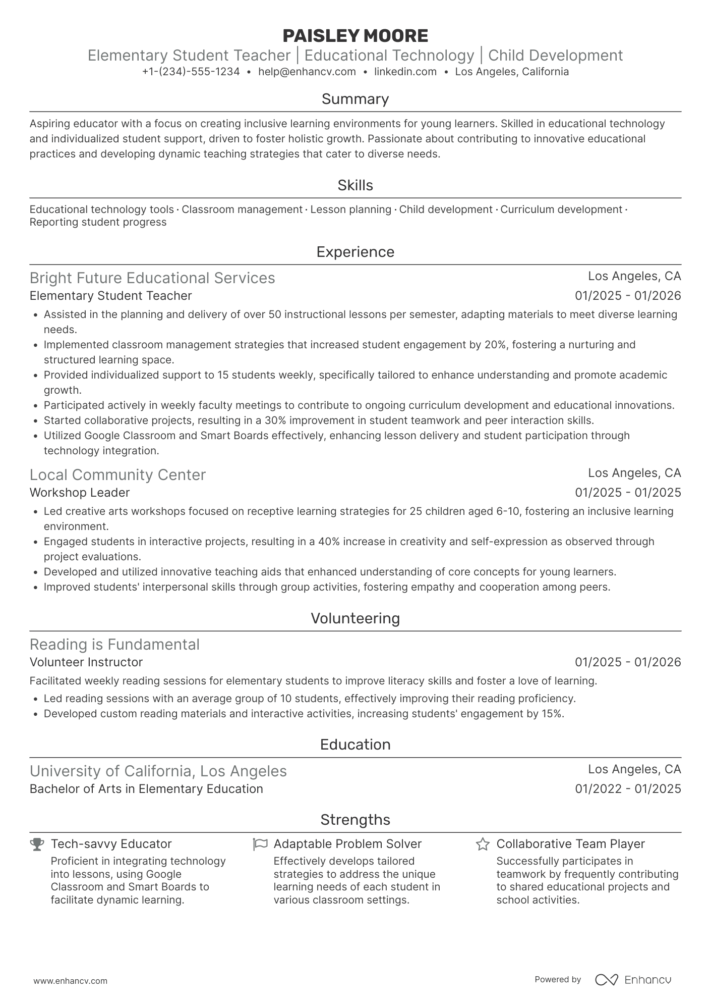 Elementary Student Teacher Resume Example