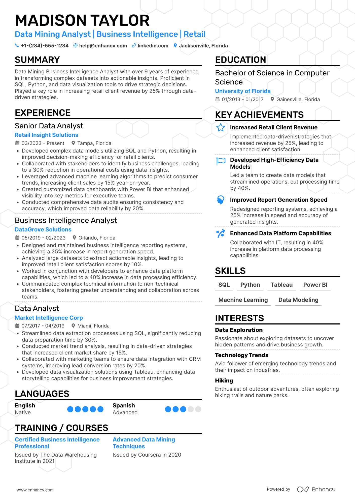 Data Mining Business Intelligence Analyst Resume Example