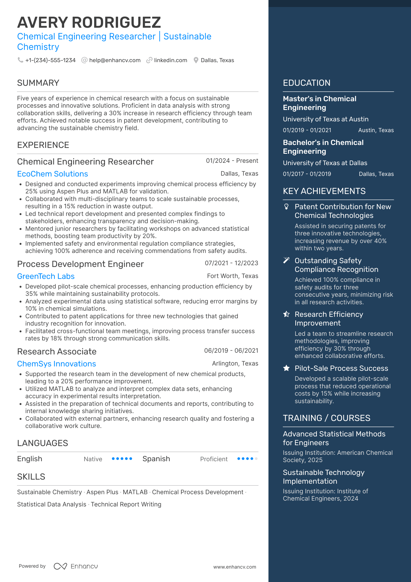 Chemical Engineering Researcher Resume Example
