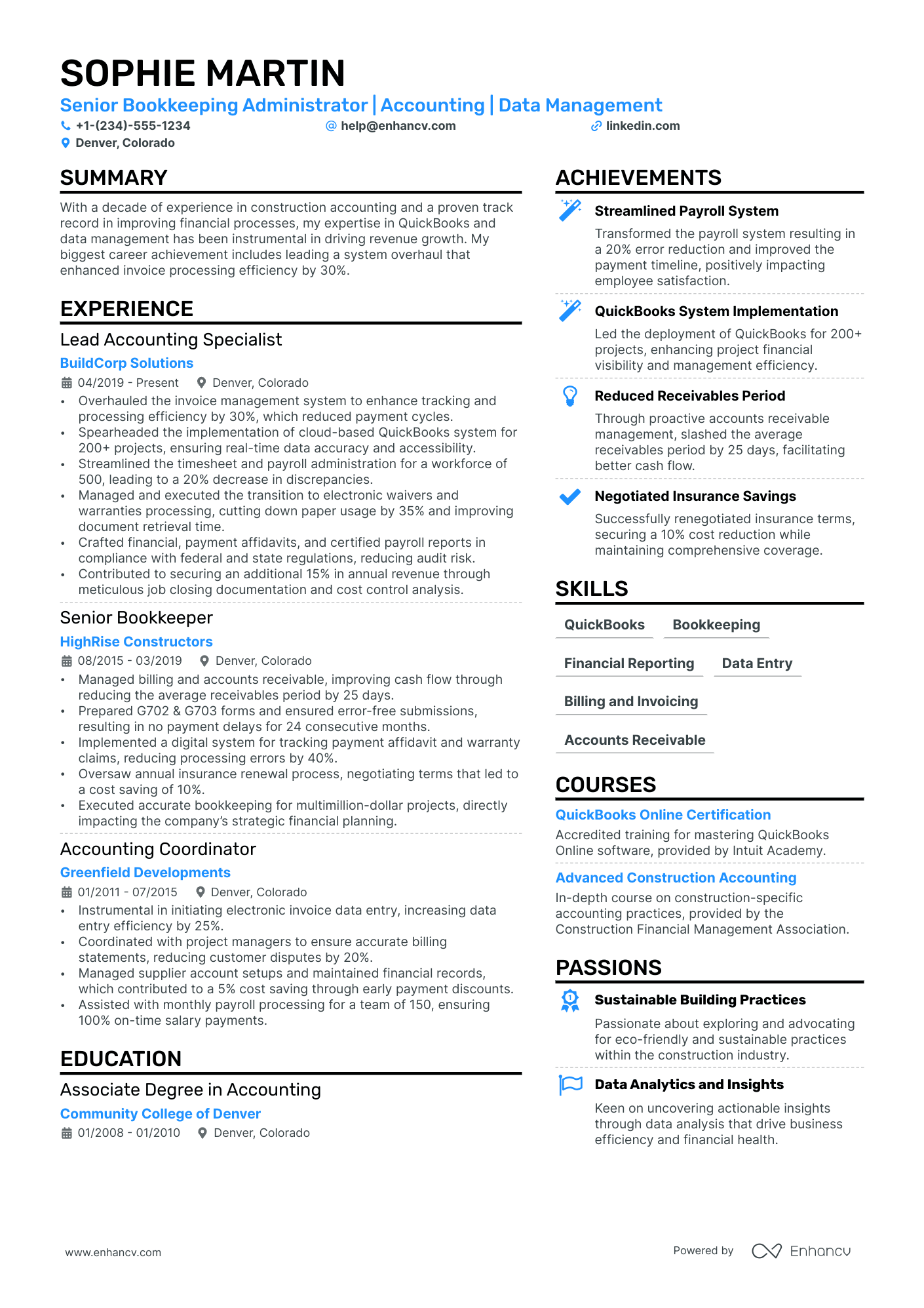 Construction Accounting Resume Example