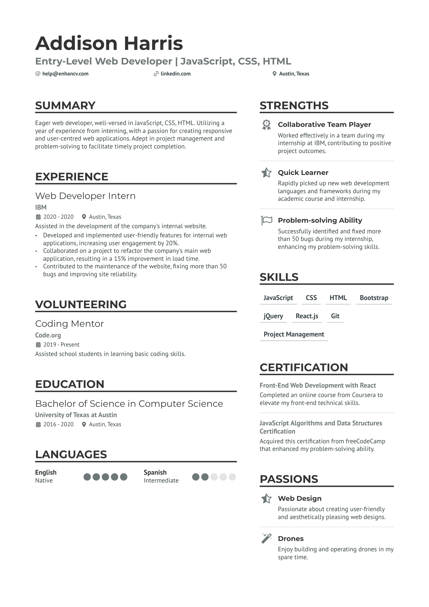 Entry Level Web Developer Resume Example