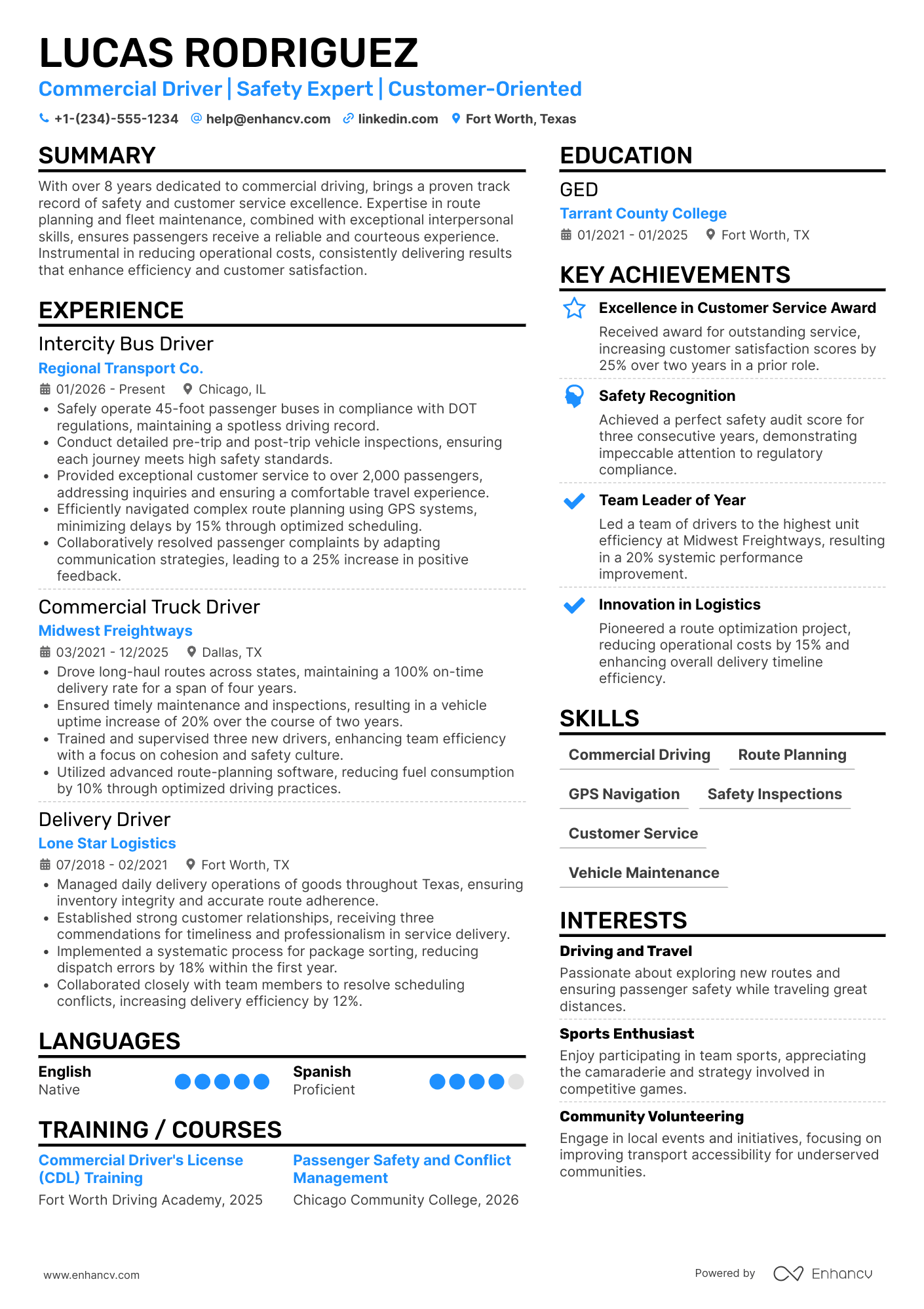 Intercity Bus Driver Resume Example